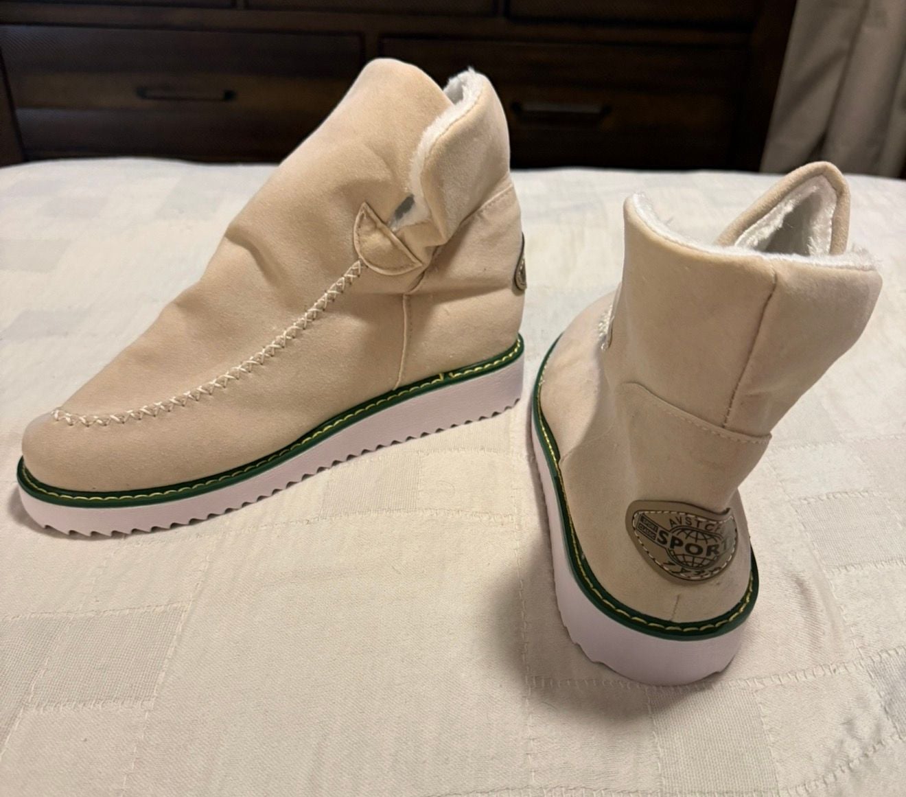 AVSTCFS Ankle Snow Boots Beige Fleece Lined Slip On 4