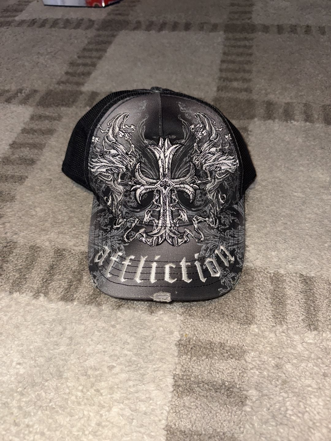 Affliction Trucker Hat Black Cross Distressed 2