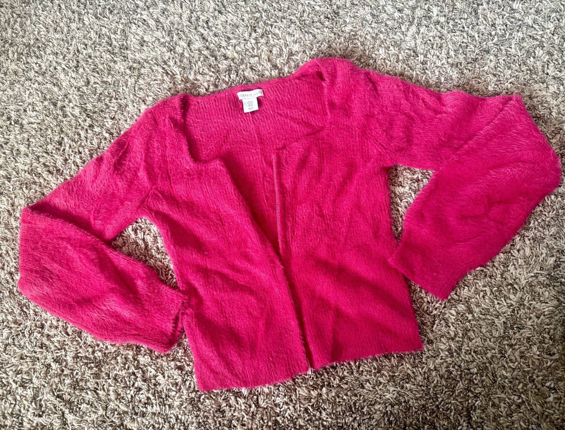 Sincerely Jules Fuzzy Cardigan Size M Pink Shaggy Knit Zip Sweater 2