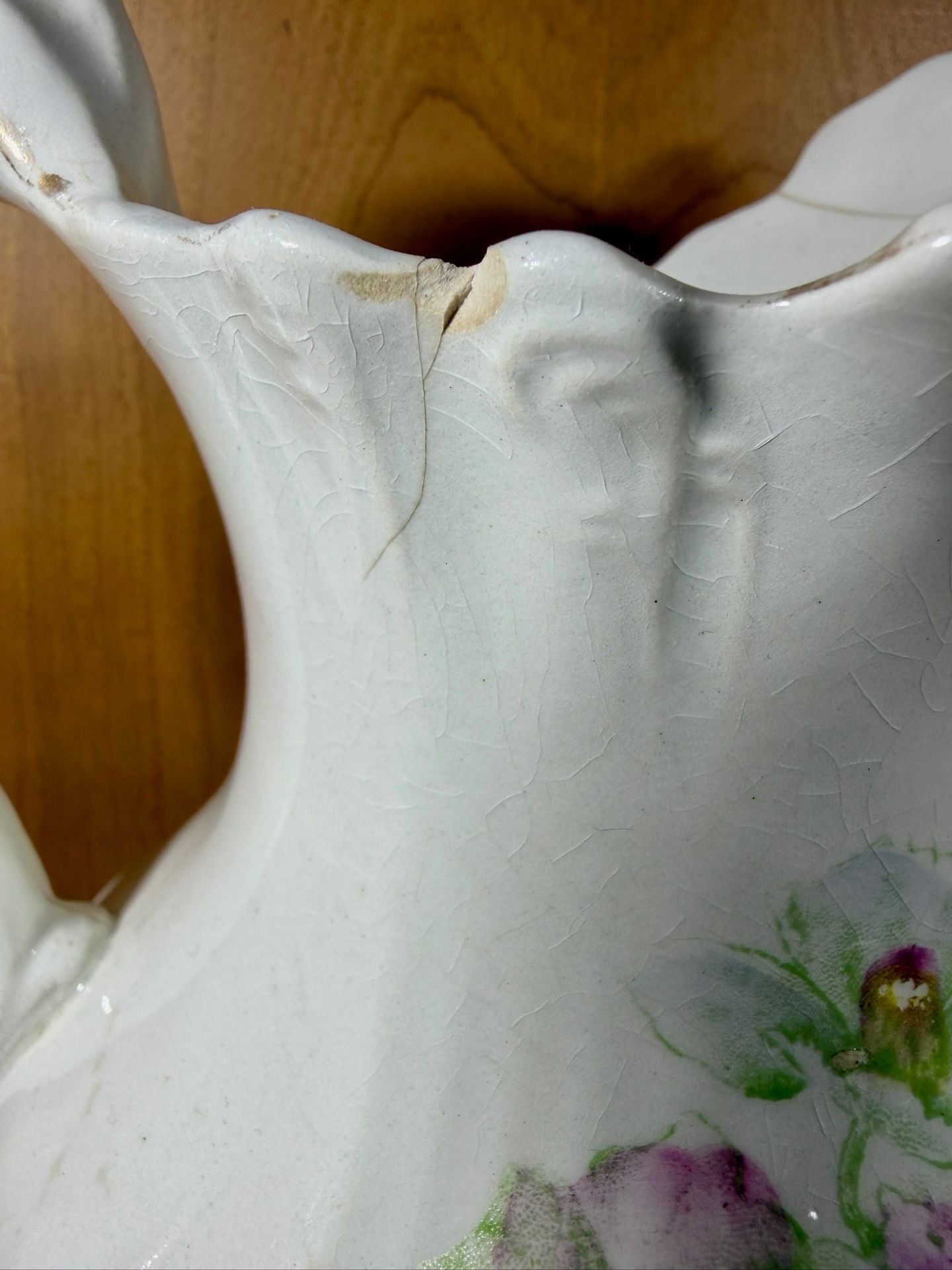 Antique Victorian Transferware Pitcher White Ceramic Pink and Green Floral 8