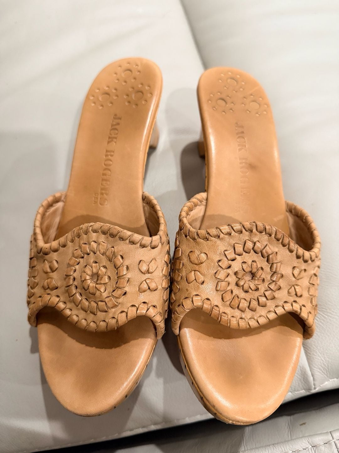 Jack Rogers Wedge Sandals Size 7M Tan Leather Woven Slides 6