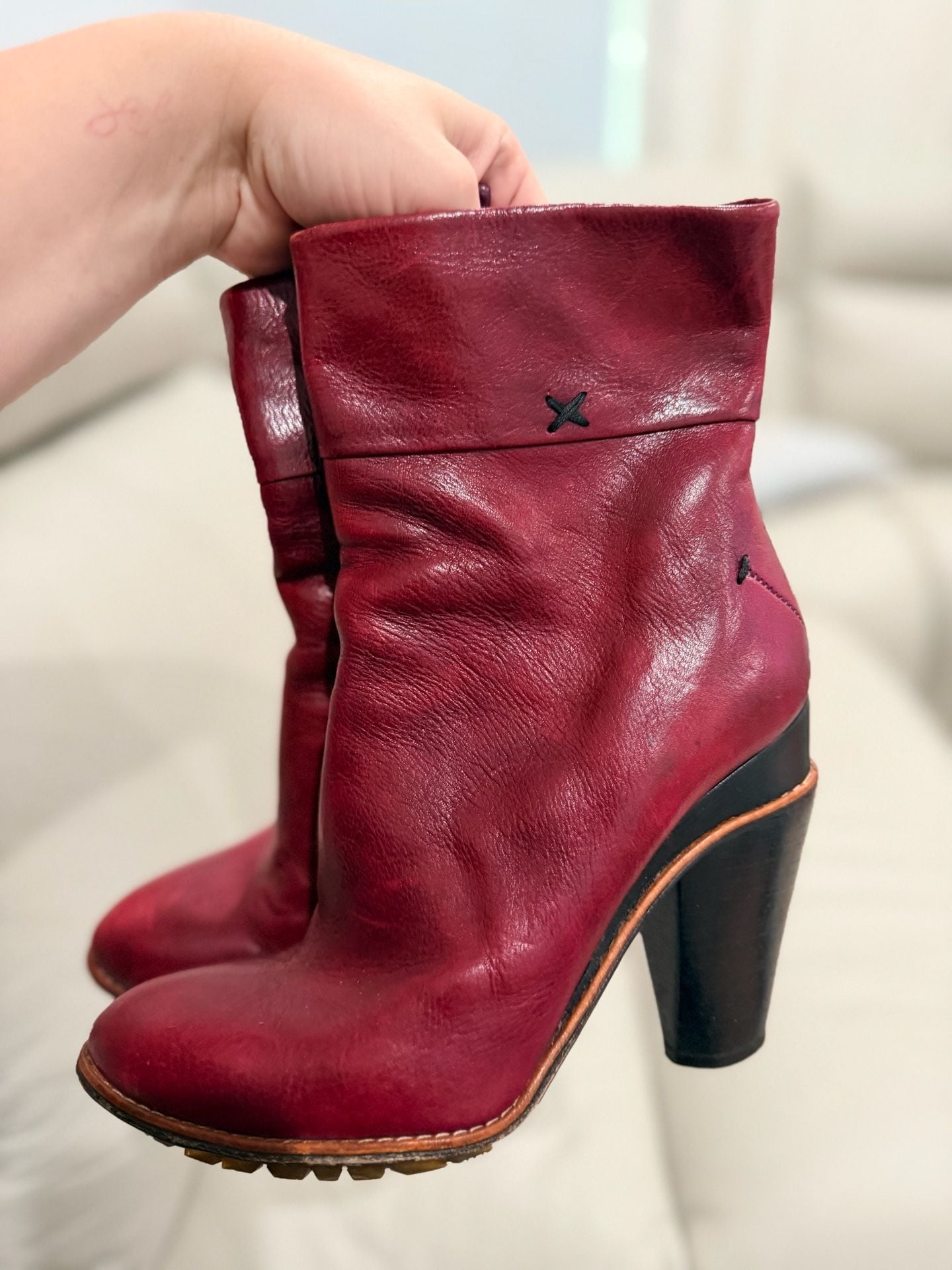 Costume National Leather Boots Size 36 Burgundy Red Block Heel 2