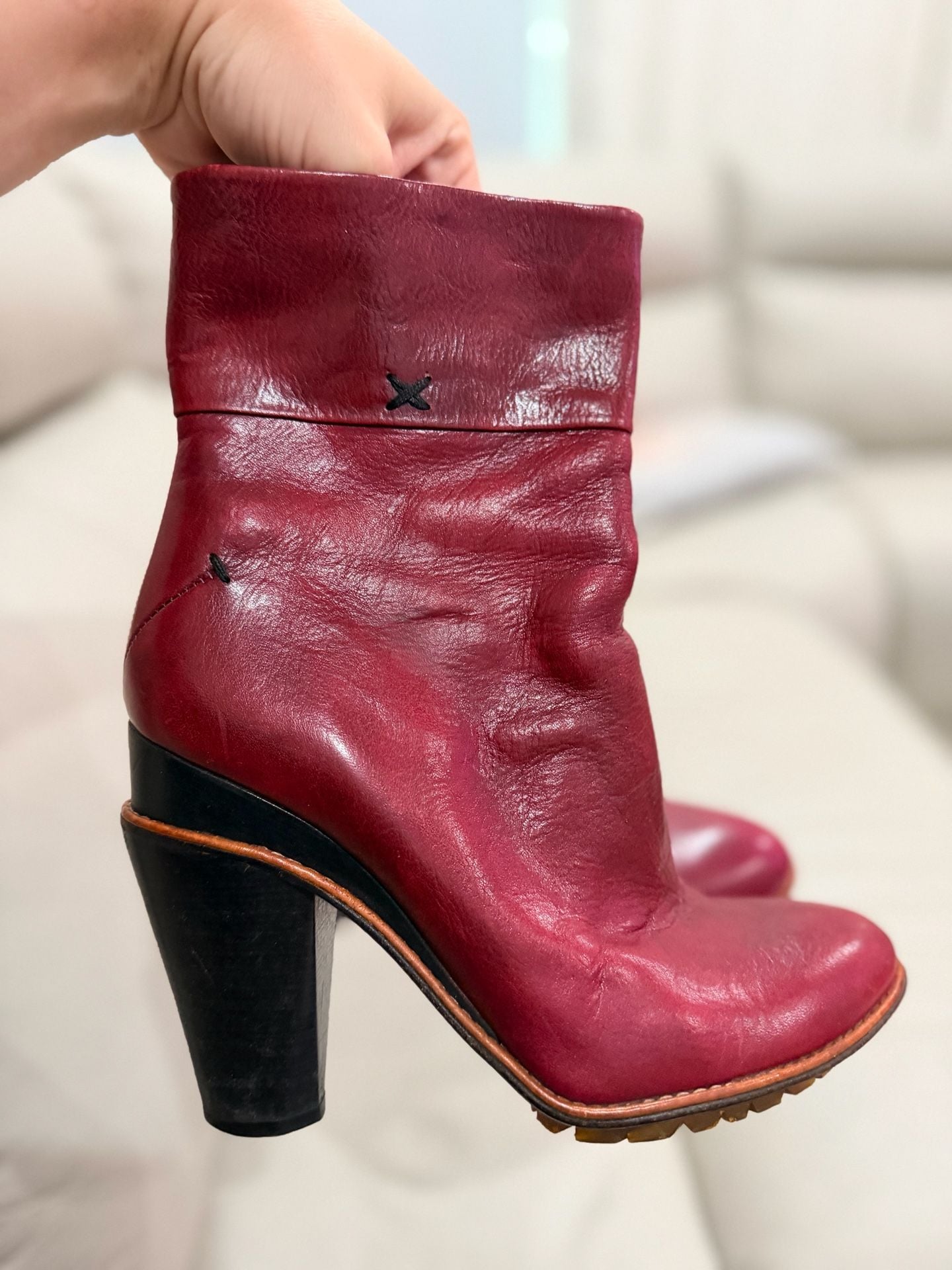 Costume National Leather Boots Size 36 Burgundy Red Block Heel 3