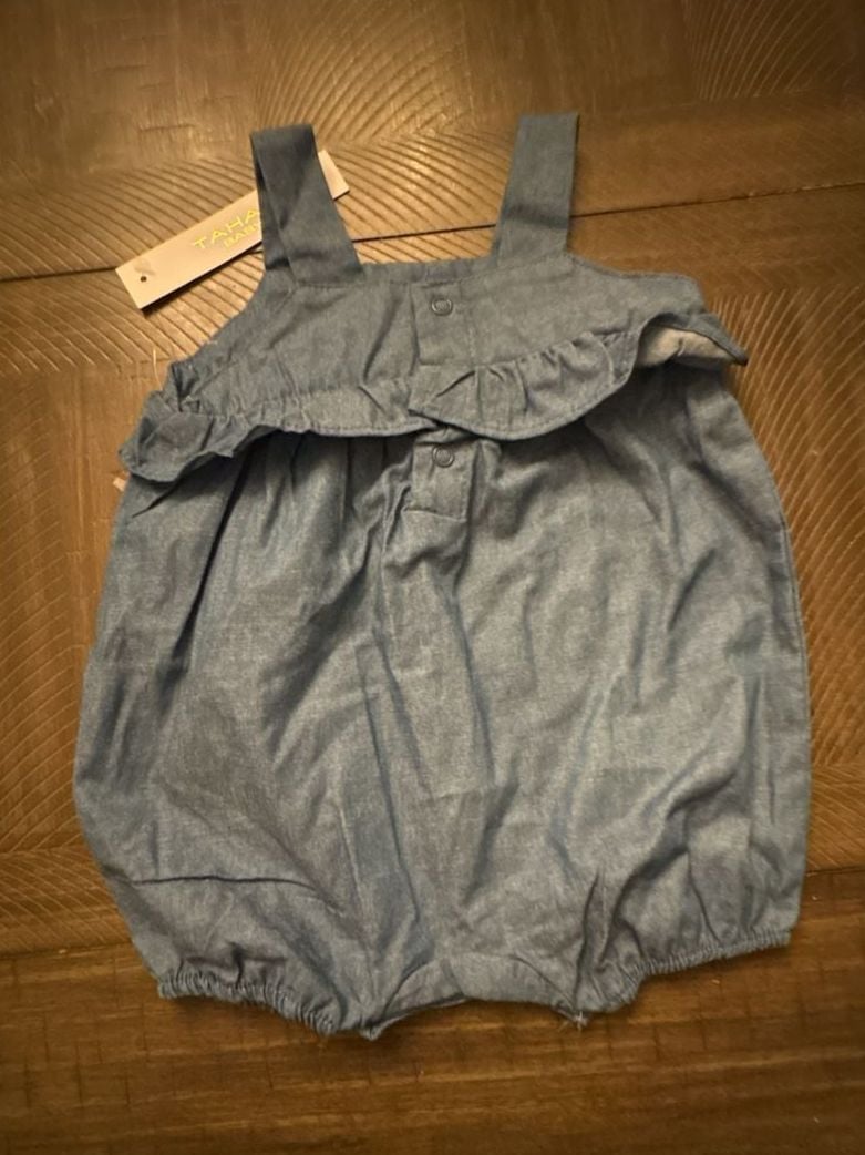Tahari Baby Romper Size 6-9M Blue Chambray Flutter Bubble 3