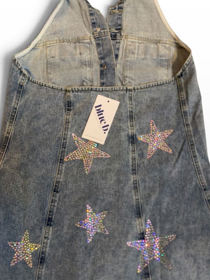 Blue B Halter Denim Mini Dress Rhinestone Stars small/medium 7