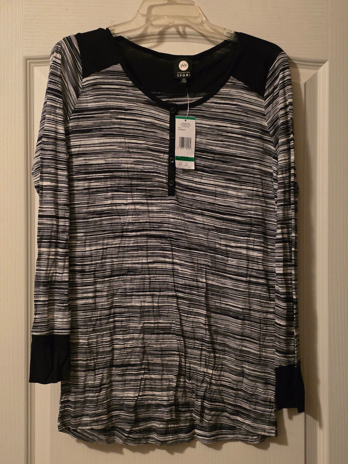 NWT Jones New York Sport Henley Shirt Size 0X Black Ivory Striped Long Sleeves 2