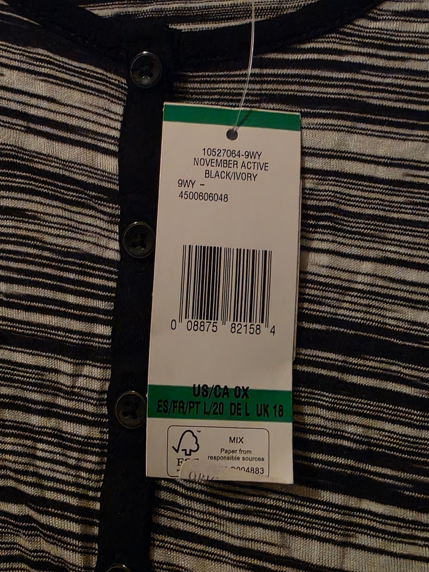 NWT Jones New York Sport Henley Shirt Size 0X Black Ivory Striped Long Sleeves 3