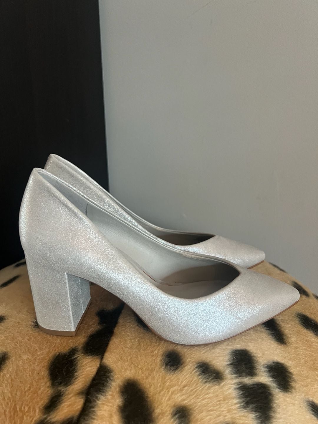 1.State Silver Block Heel Pumps Size 7.5 M Shimmer Pointed Toe 3