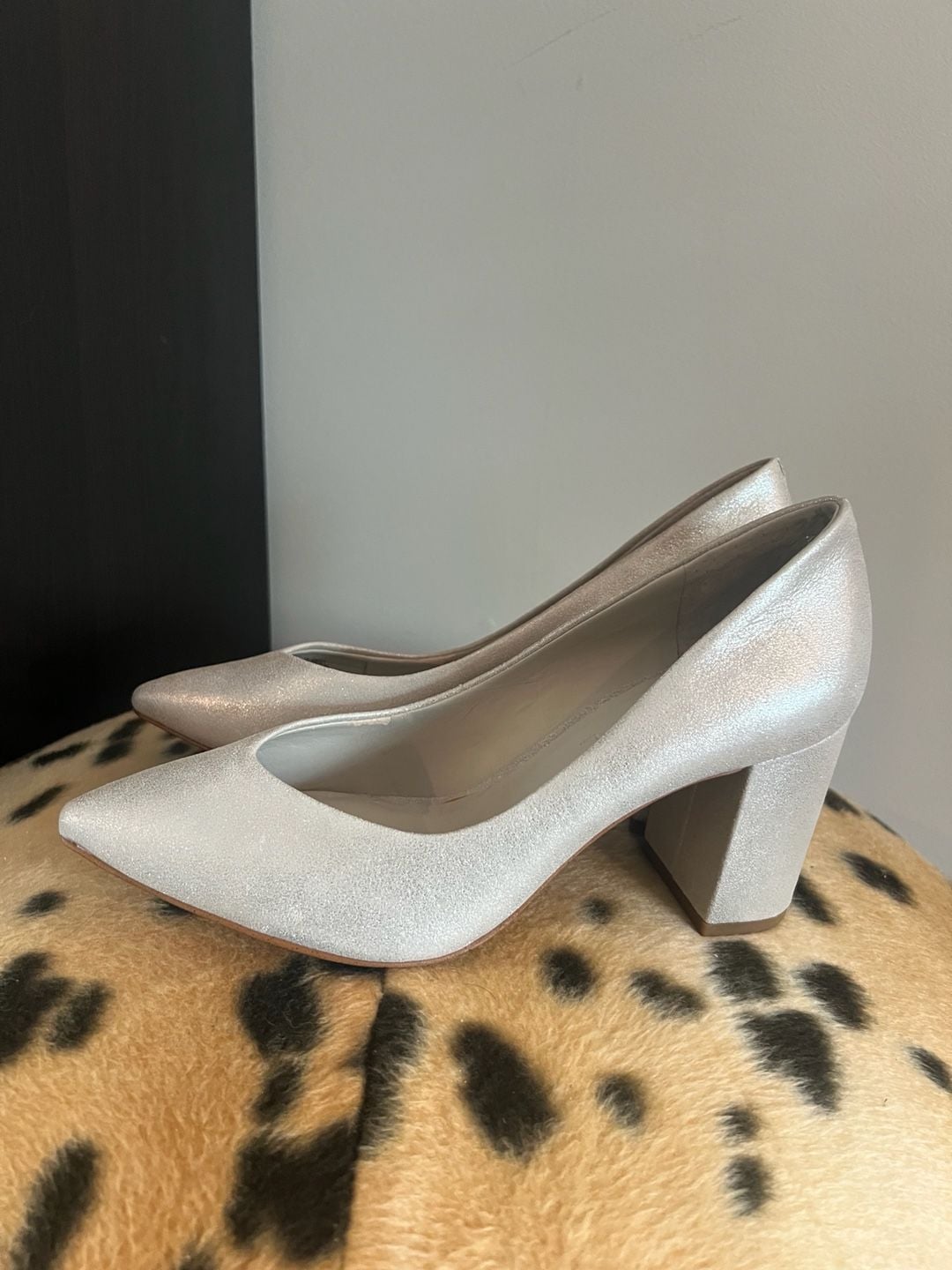 1.State Silver Block Heel Pumps Size 7.5 M Shimmer Pointed Toe 8