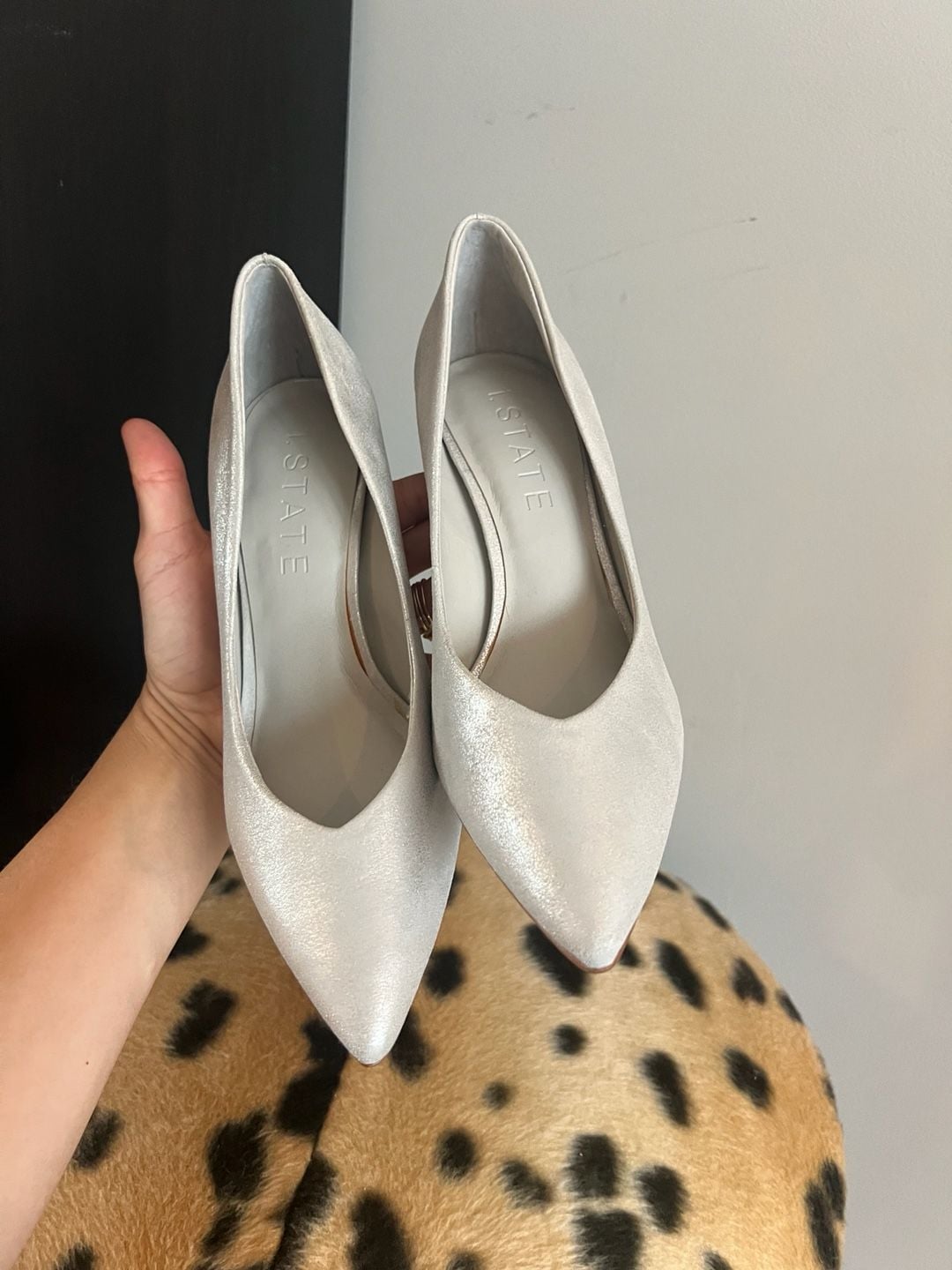 1.State Silver Block Heel Pumps Size 7.5 M Shimmer Pointed Toe 4