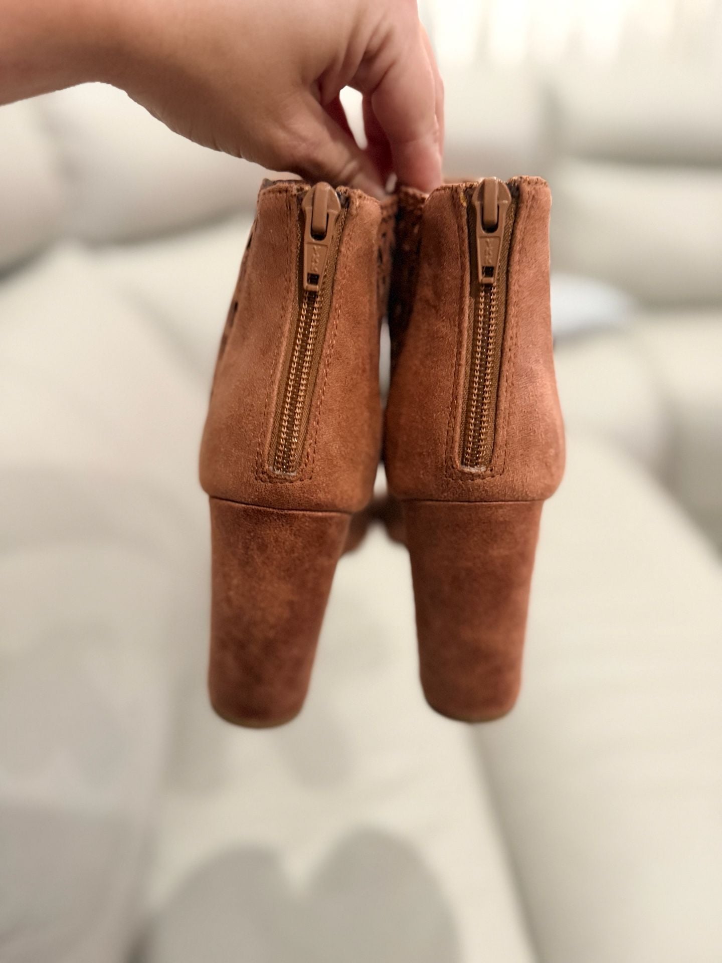 Report Wiola Tan Suede Laser Cut Peep Toe Booties Size 7 5