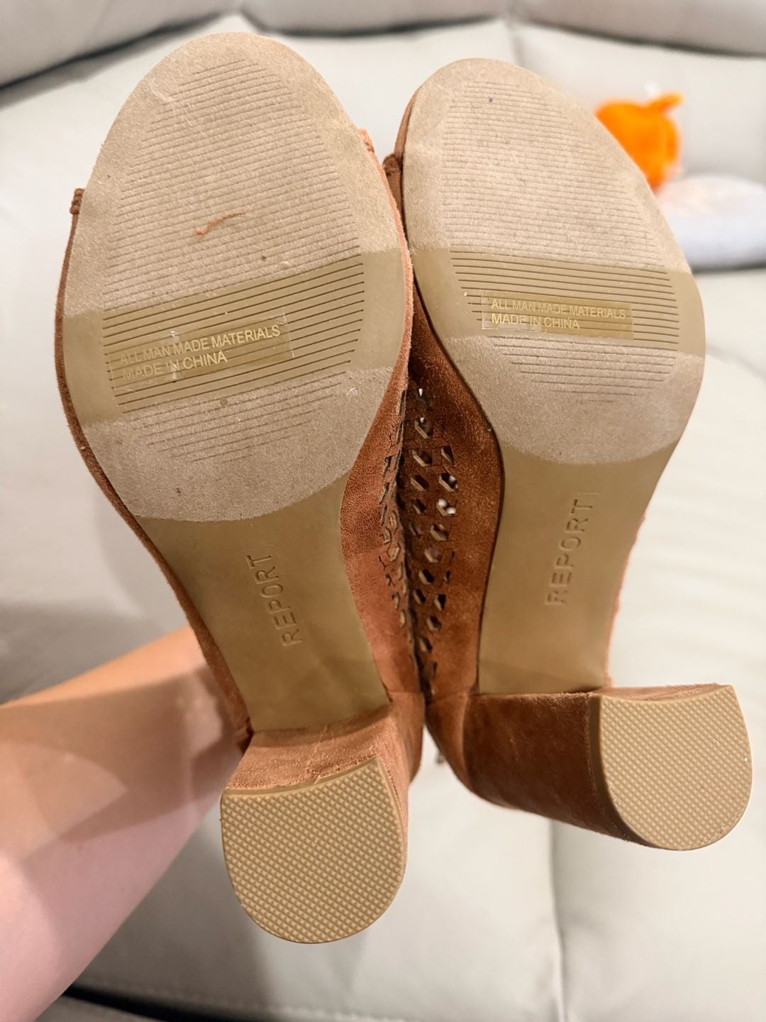 Report Wiola Tan Suede Laser Cut Peep Toe Booties Size 7 6