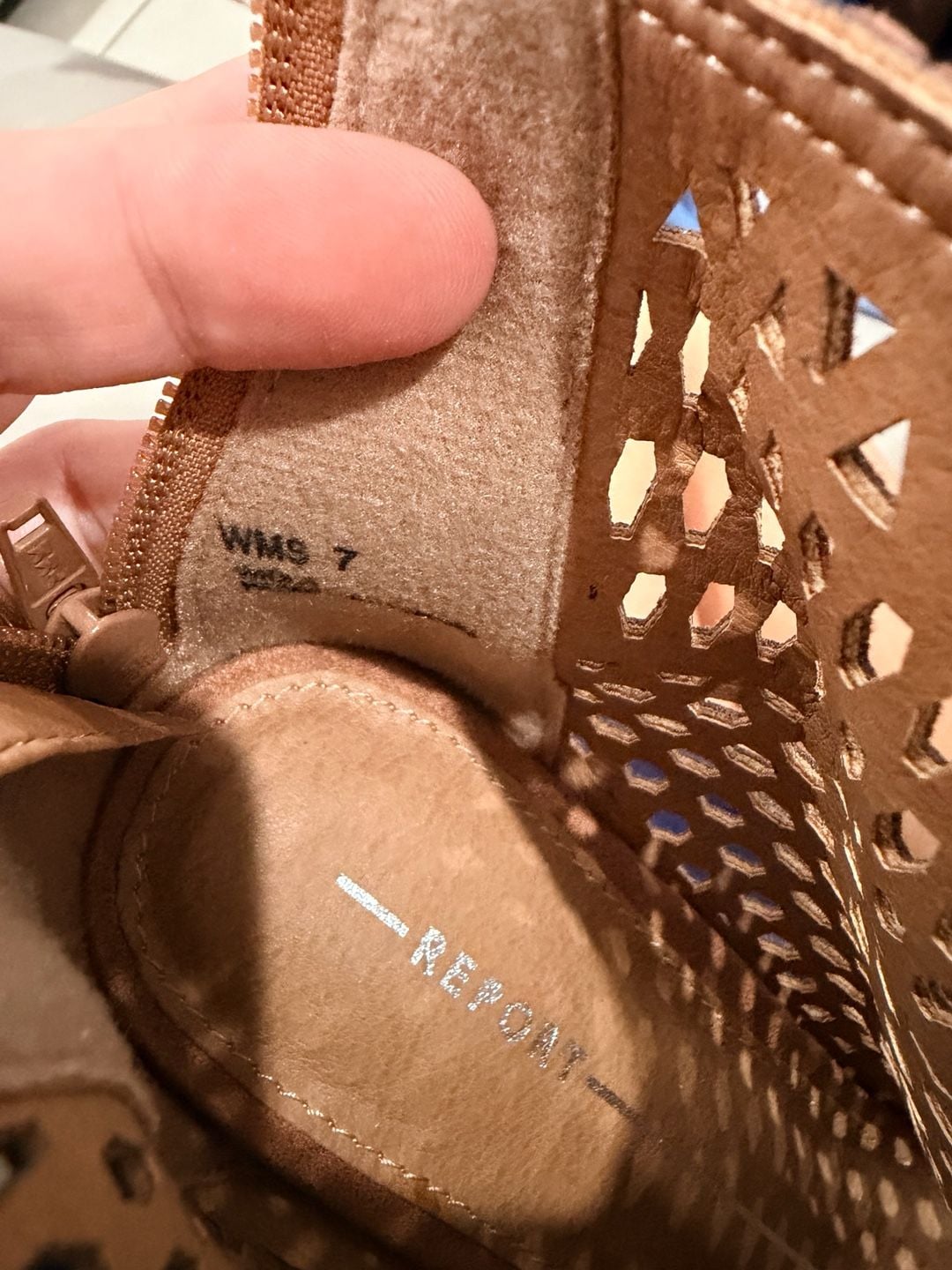 Report Wiola Tan Suede Laser Cut Peep Toe Booties Size 7 7