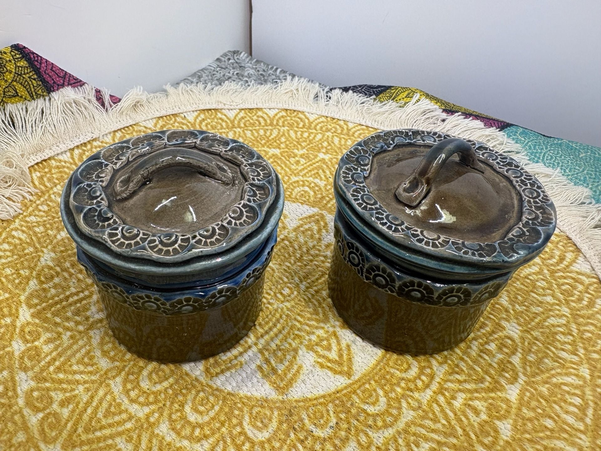 Rosenthal Bjorn Wiinblad Brotzeit Stoneware Mini Canisters Brown Blue - Set of 2 1