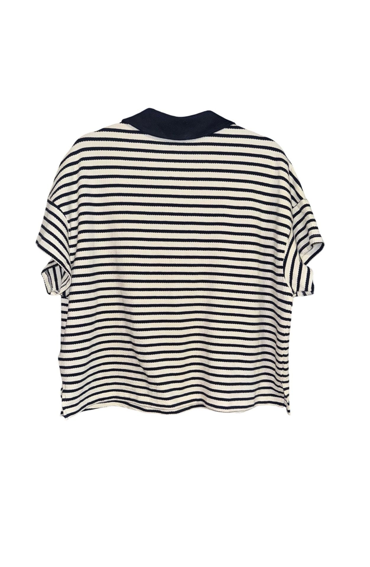 Adrianna Papell Striped Polo Shirt Size L Navy White Short Sleeve V-Neck 4