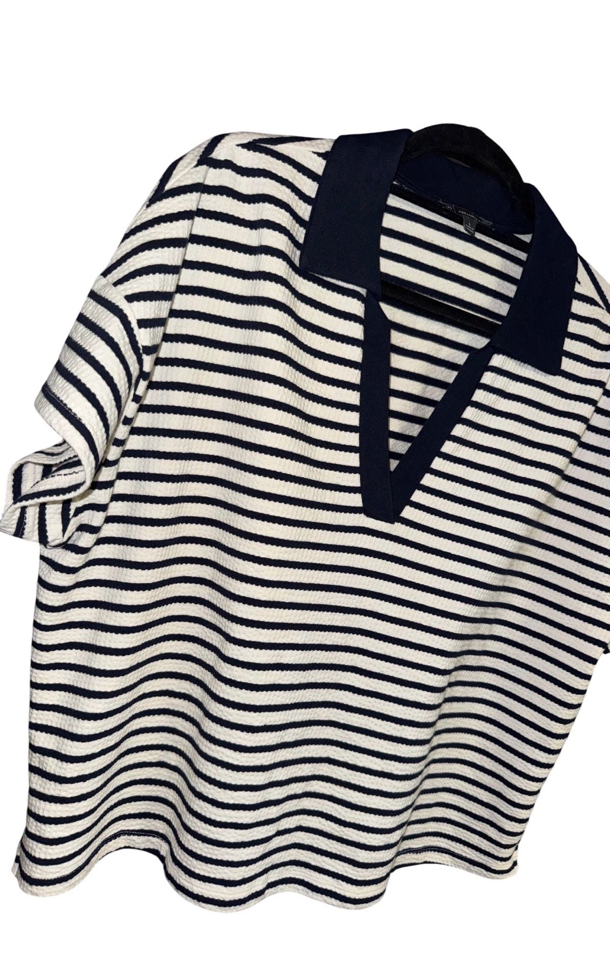 Adrianna Papell Striped Polo Shirt Size L Navy White Short Sleeve V-Neck 5