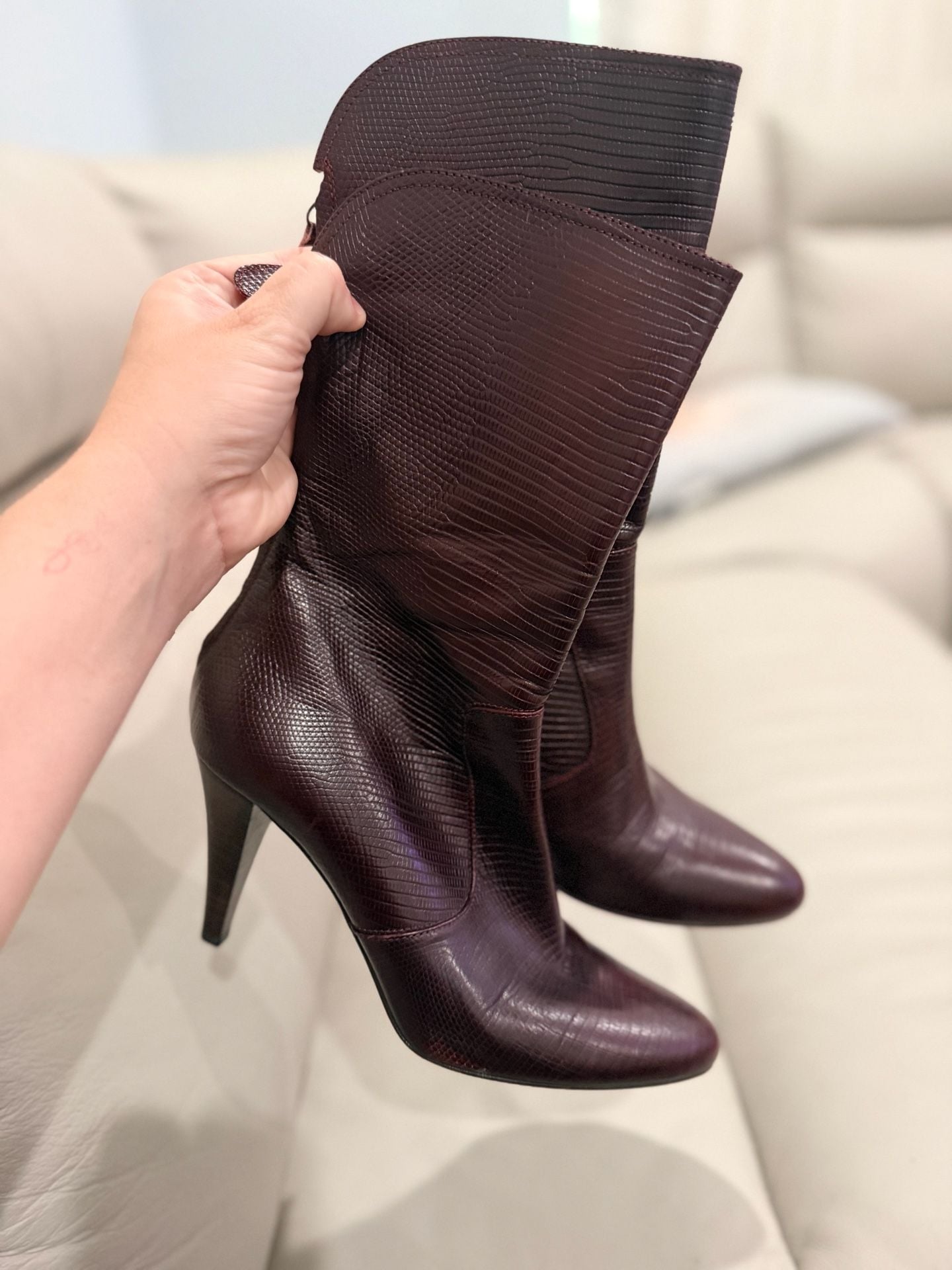 Cole Haan Boots Size 7 B Burgundy Snake Embossed Leather Heels 3