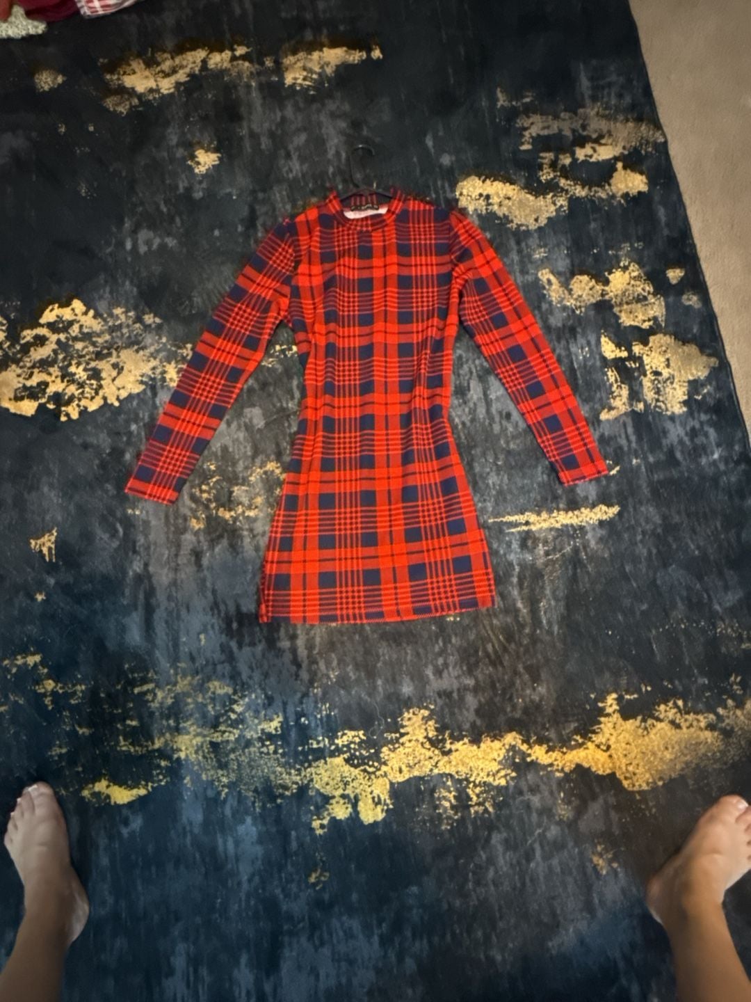 Zaful Plaid Mock Neck Bodycon Dress Size L Red Blue 3