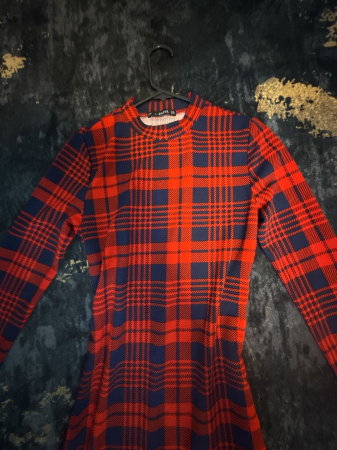 Zaful Plaid Mock Neck Bodycon Dress Size L Red Blue 4