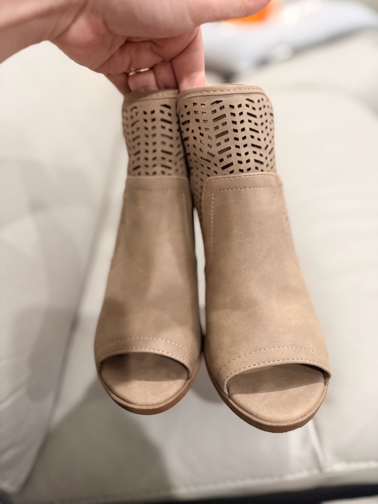 Nude Peep Toe Booties Wooden Chunky Heel Hollow Out Ankle Boots 3