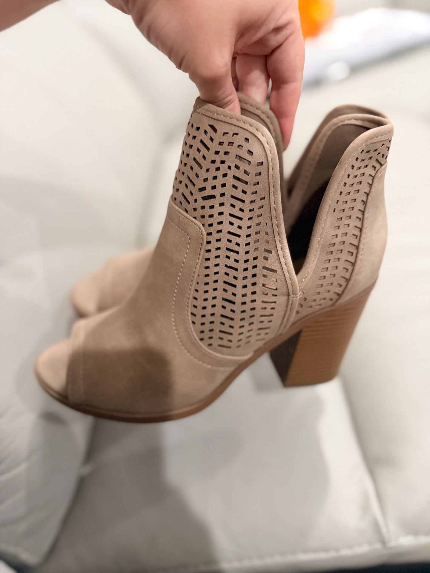 Nude Peep Toe Booties Wooden Chunky Heel Hollow Out Ankle Boots 4
