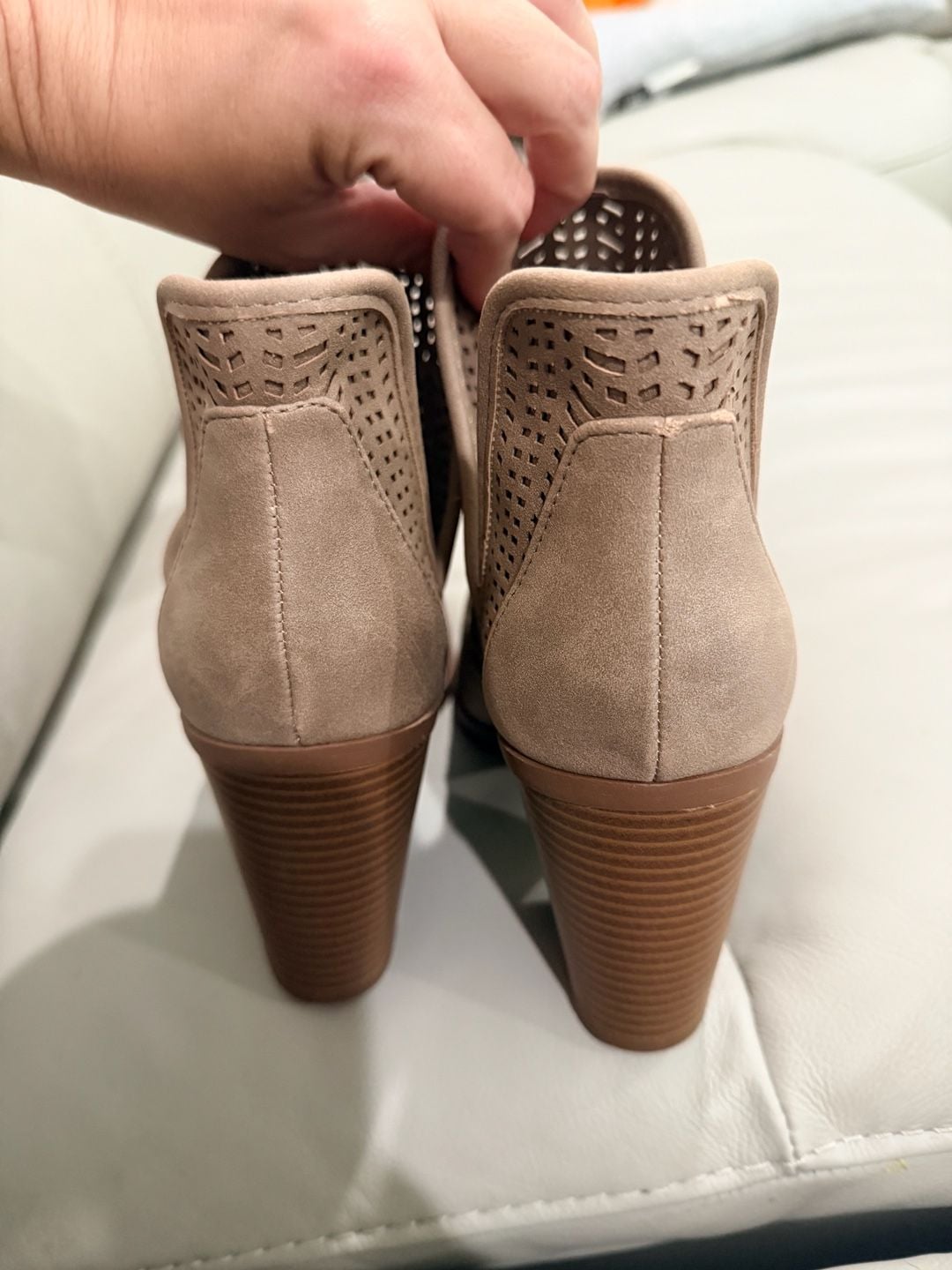 Nude Peep Toe Booties Wooden Chunky Heel Hollow Out Ankle Boots 5