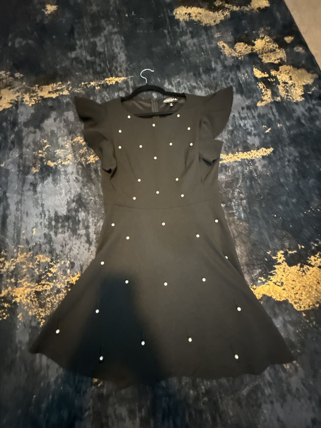 Midnight Doll Flutter Sleeve Pearl Dress Size M Black 3