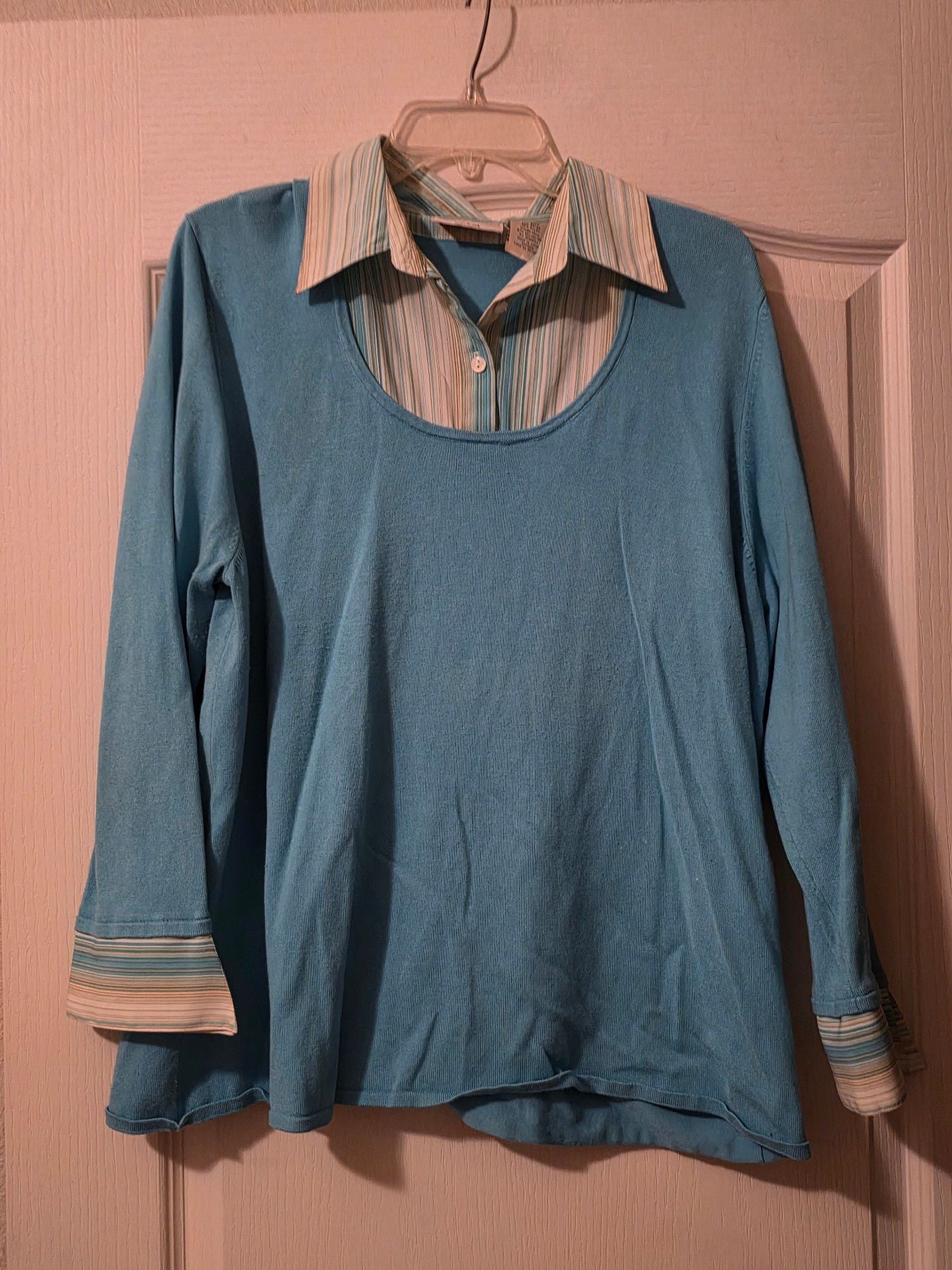 Fred David Layered Look 2fer Sweater Size 2X Blue Striped Collar Top 2