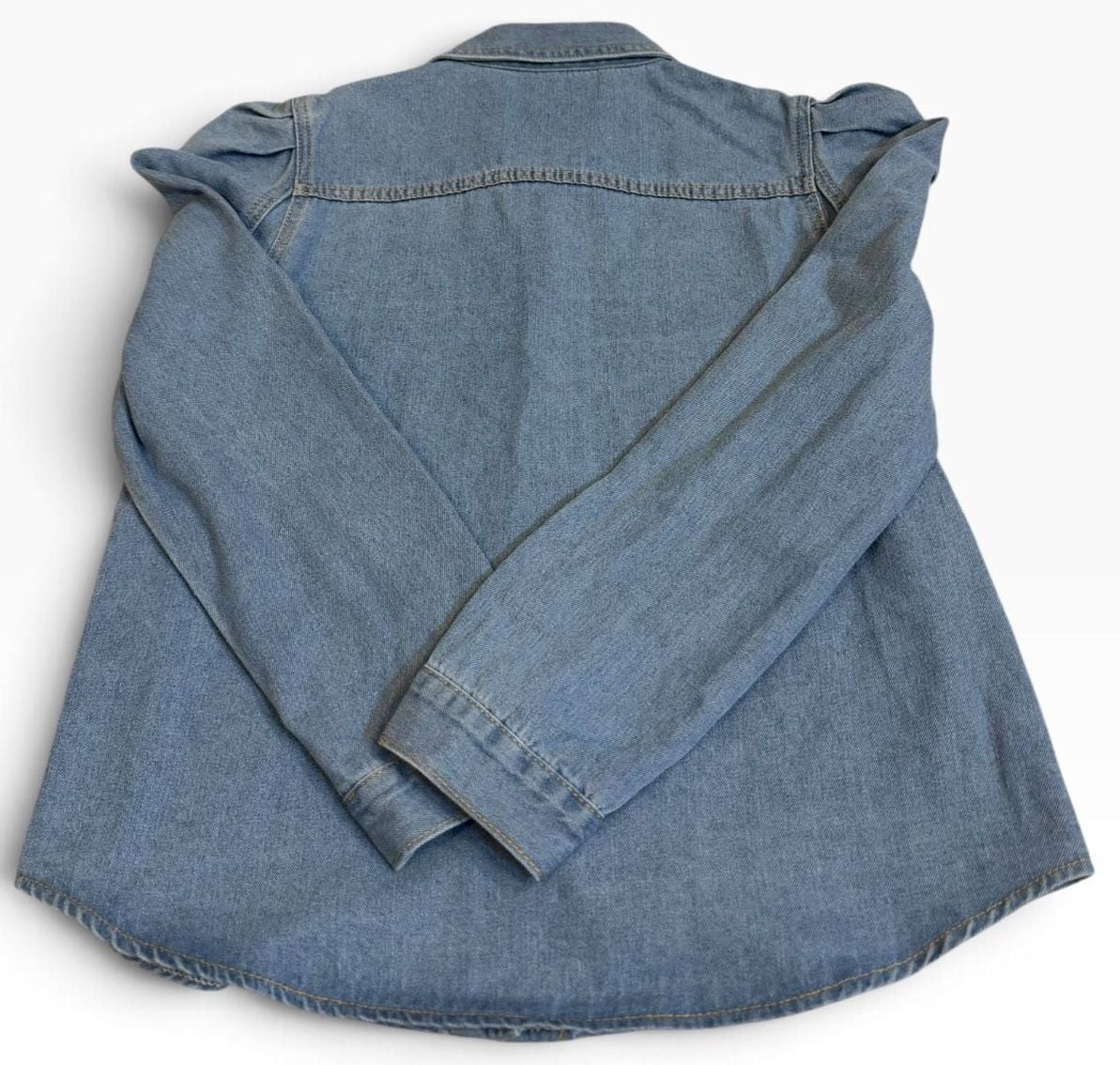 Shein Denim Button Down Shirt Size L Blue Long Puff Sleeve Pocket Top 8