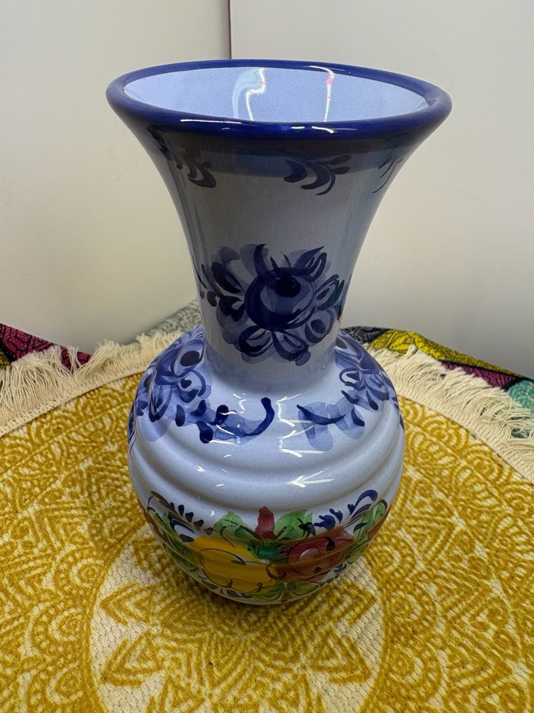 Vintage Hand-Painted Portuguese Ceramic Floral Ribbed Vase Made In Portugal 1