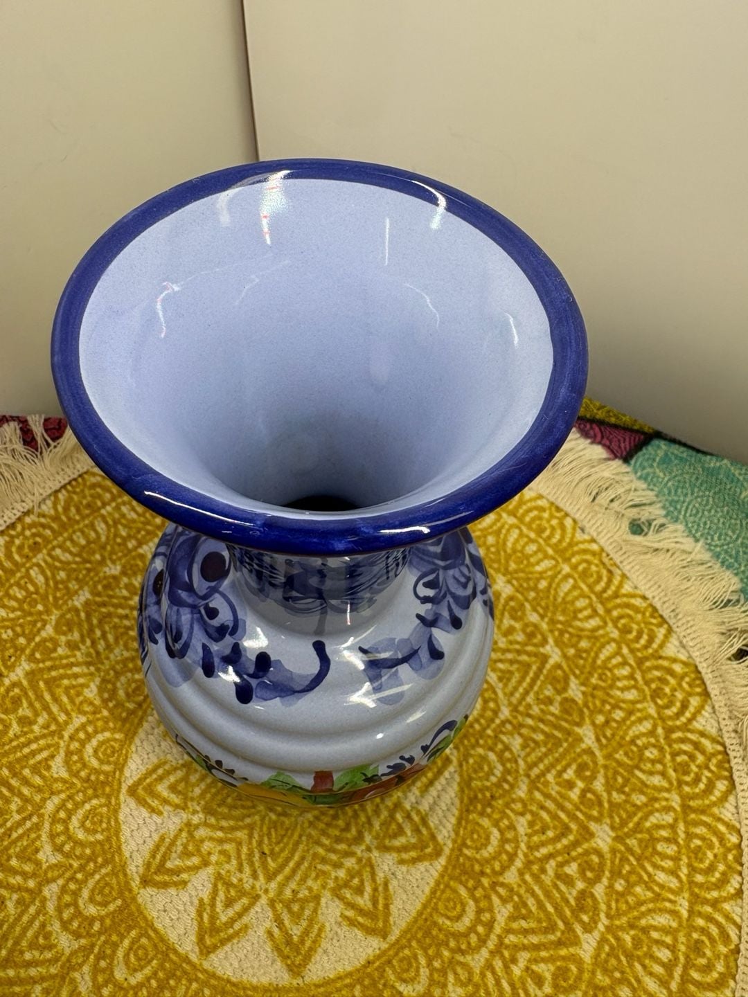 Vintage Hand-Painted Portuguese Ceramic Floral Ribbed Vase Made In Portugal 2