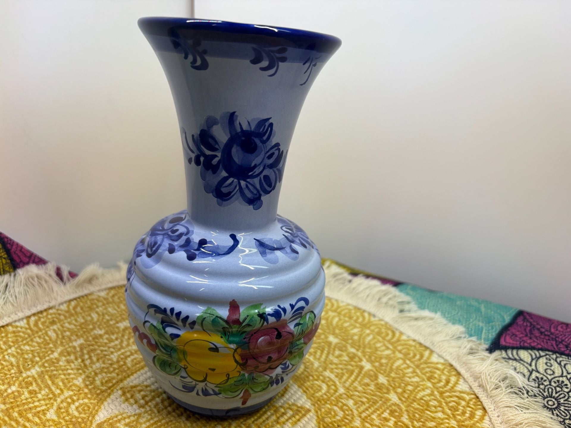 Vintage Hand-Painted Portuguese Ceramic Floral Ribbed Vase Made In Portugal 3