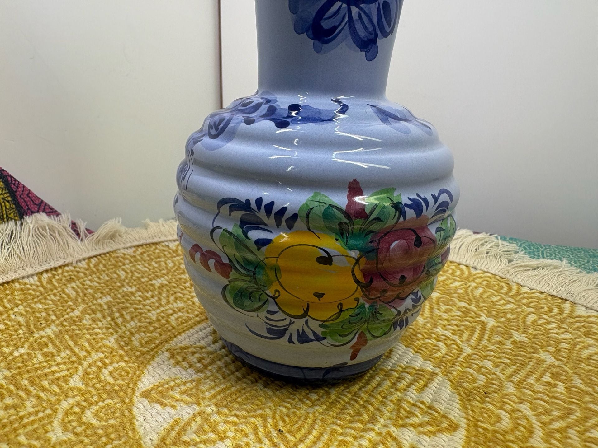 Vintage Hand-Painted Portuguese Ceramic Floral Ribbed Vase Made In Portugal 4