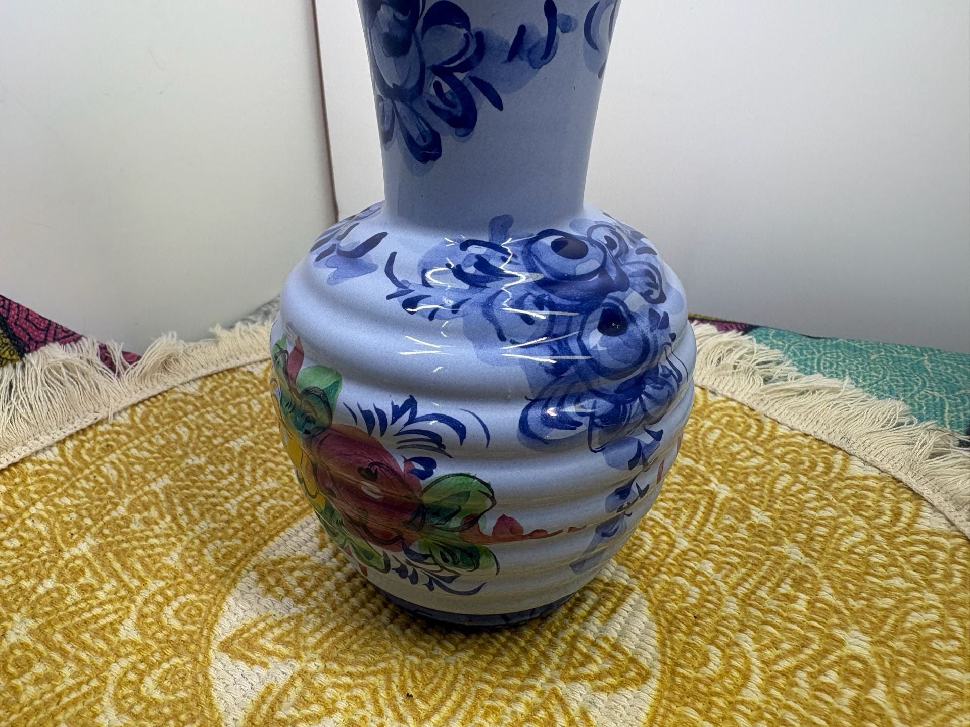 Vintage Hand-Painted Portuguese Ceramic Floral Ribbed Vase Made In Portugal 5