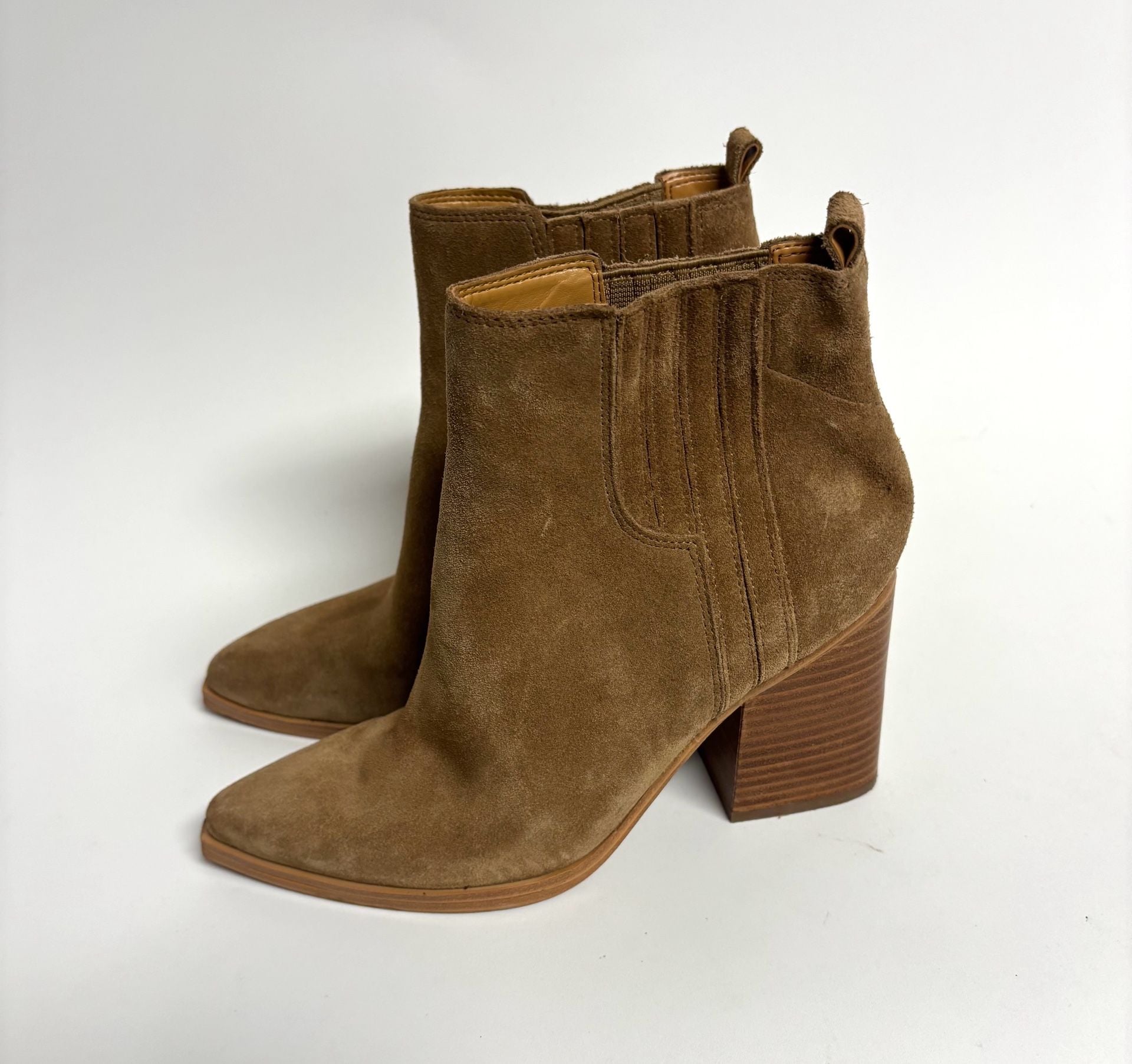 Marc Fisher LTD Booties Size 8M Brown Suede Pointed Toe Block Heel 3