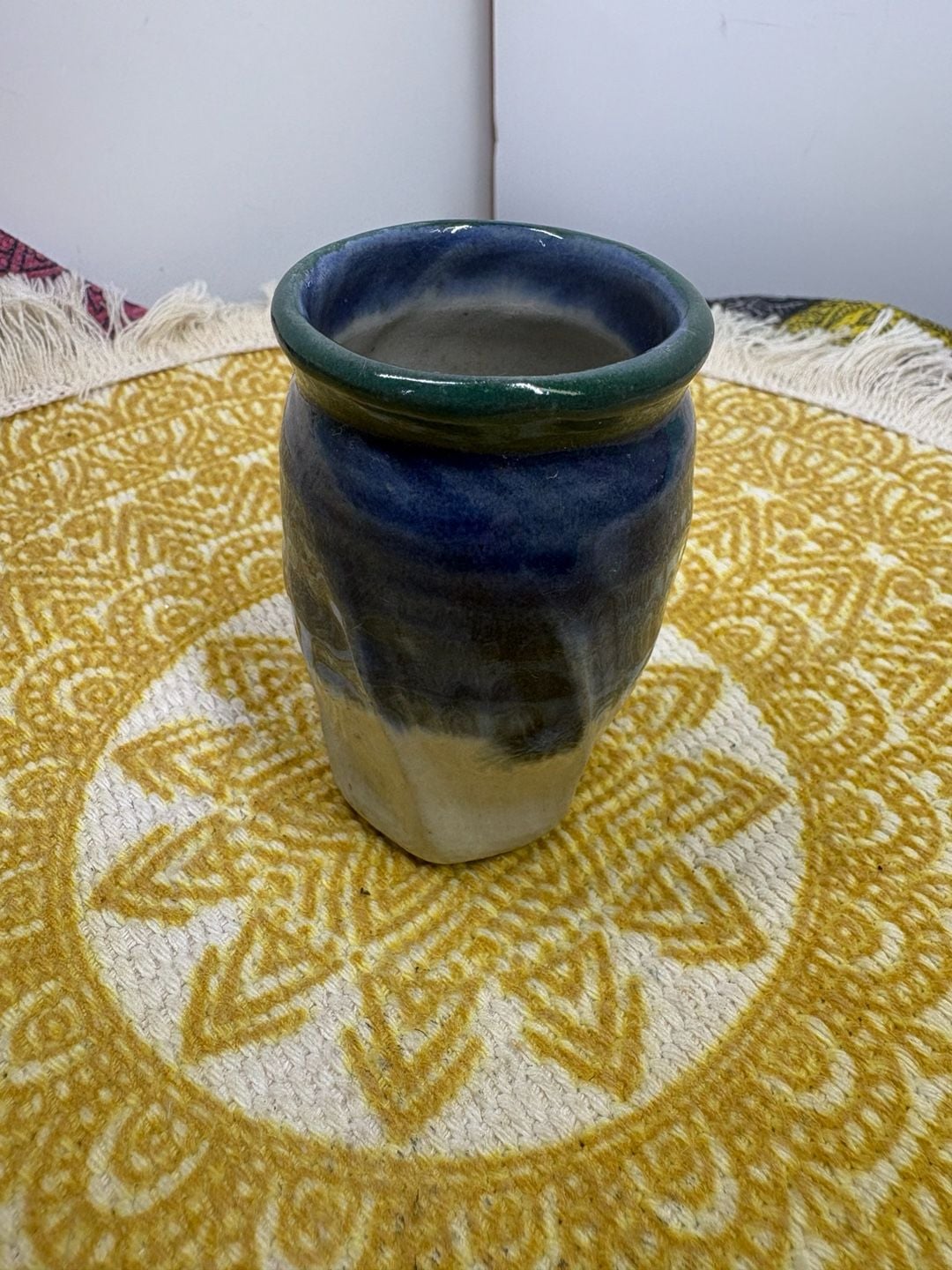 3” mini Studio Pottery Handmade Ceramic Blue Green Glaze Faceted Vase Signed 1