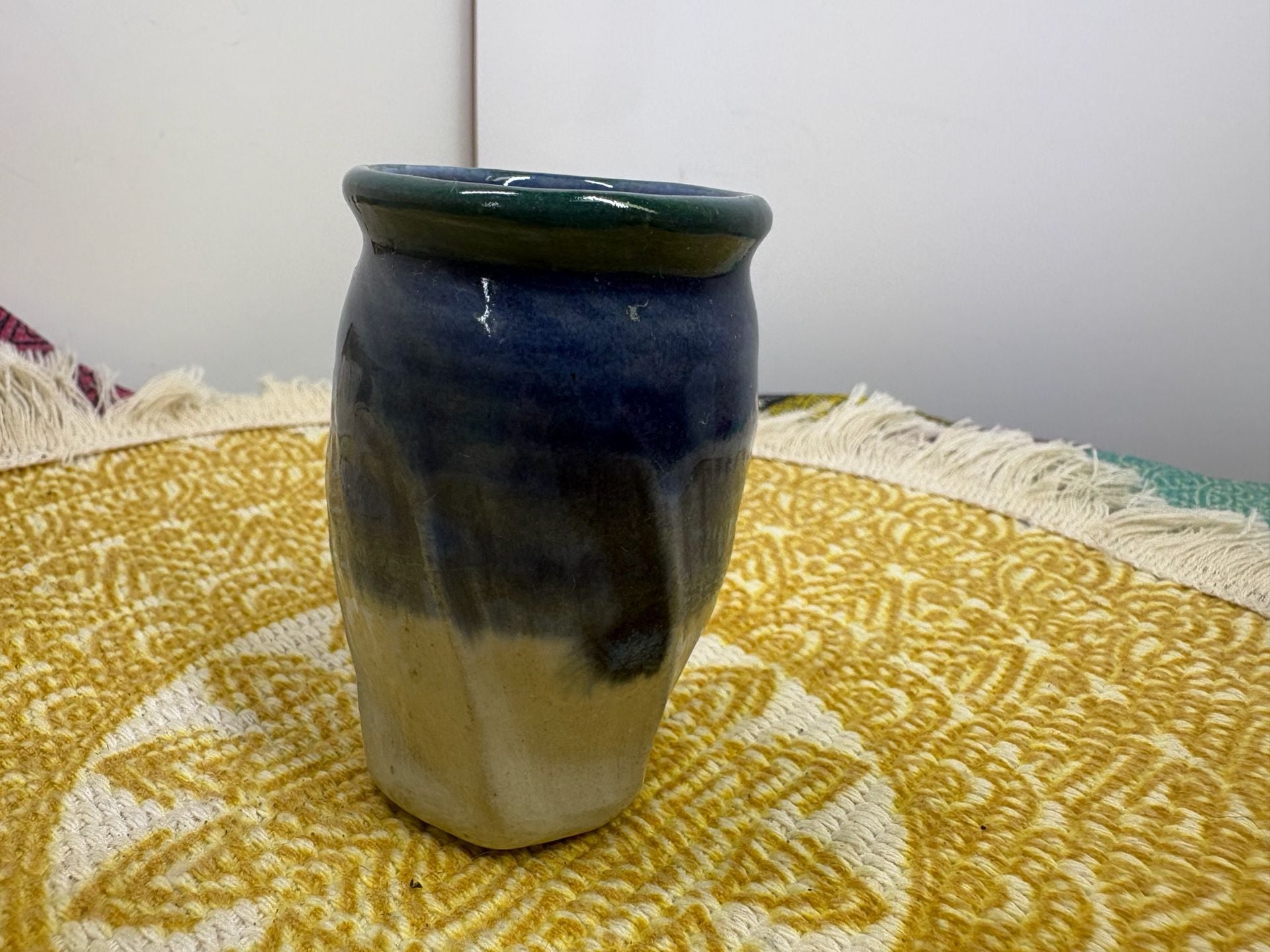3” mini Studio Pottery Handmade Ceramic Blue Green Glaze Faceted Vase Signed 2