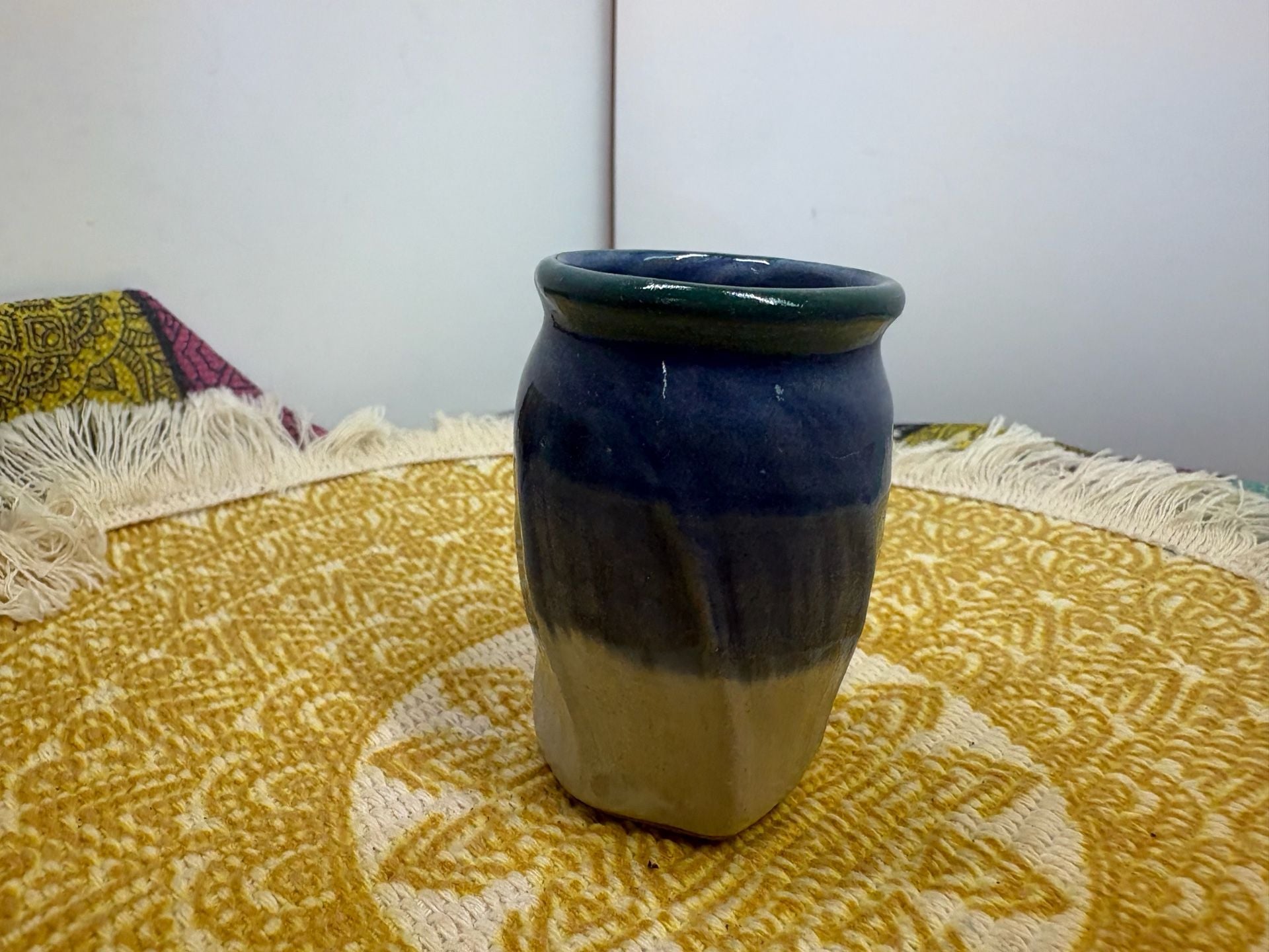3” mini Studio Pottery Handmade Ceramic Blue Green Glaze Faceted Vase Signed 3