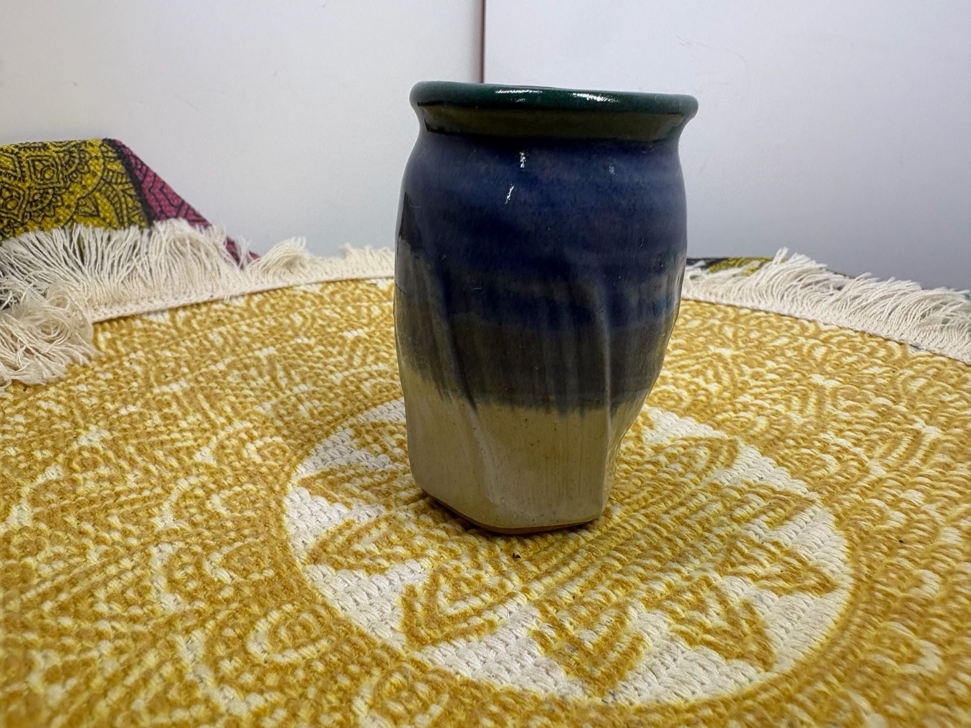 3” mini Studio Pottery Handmade Ceramic Blue Green Glaze Faceted Vase Signed 4