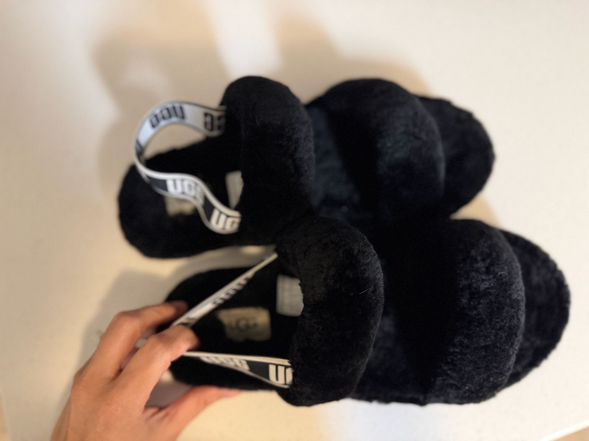 UGG Oh Yeah Slides Size 38 Black Sheepskin Logo Strap Slippers 3