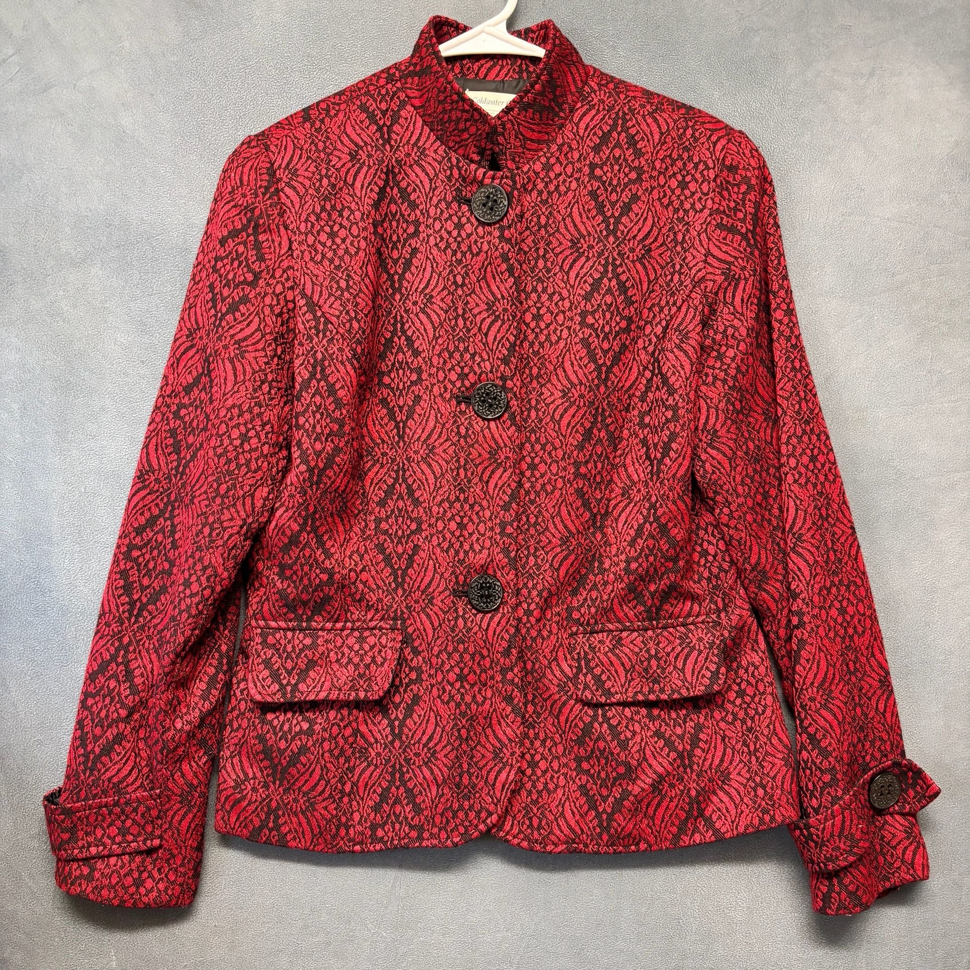 Coldwater Creek Jacquard Blazer Size 8 Red Black Wool Blend 2
