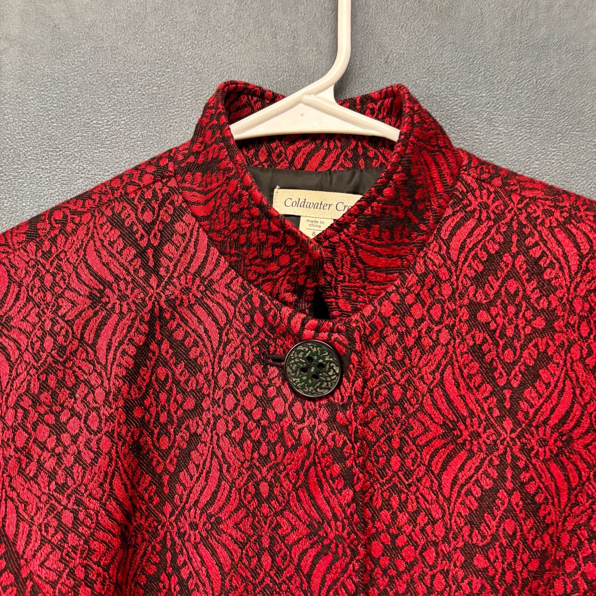 Coldwater Creek Jacquard Blazer Size 8 Red Black Wool Blend 3