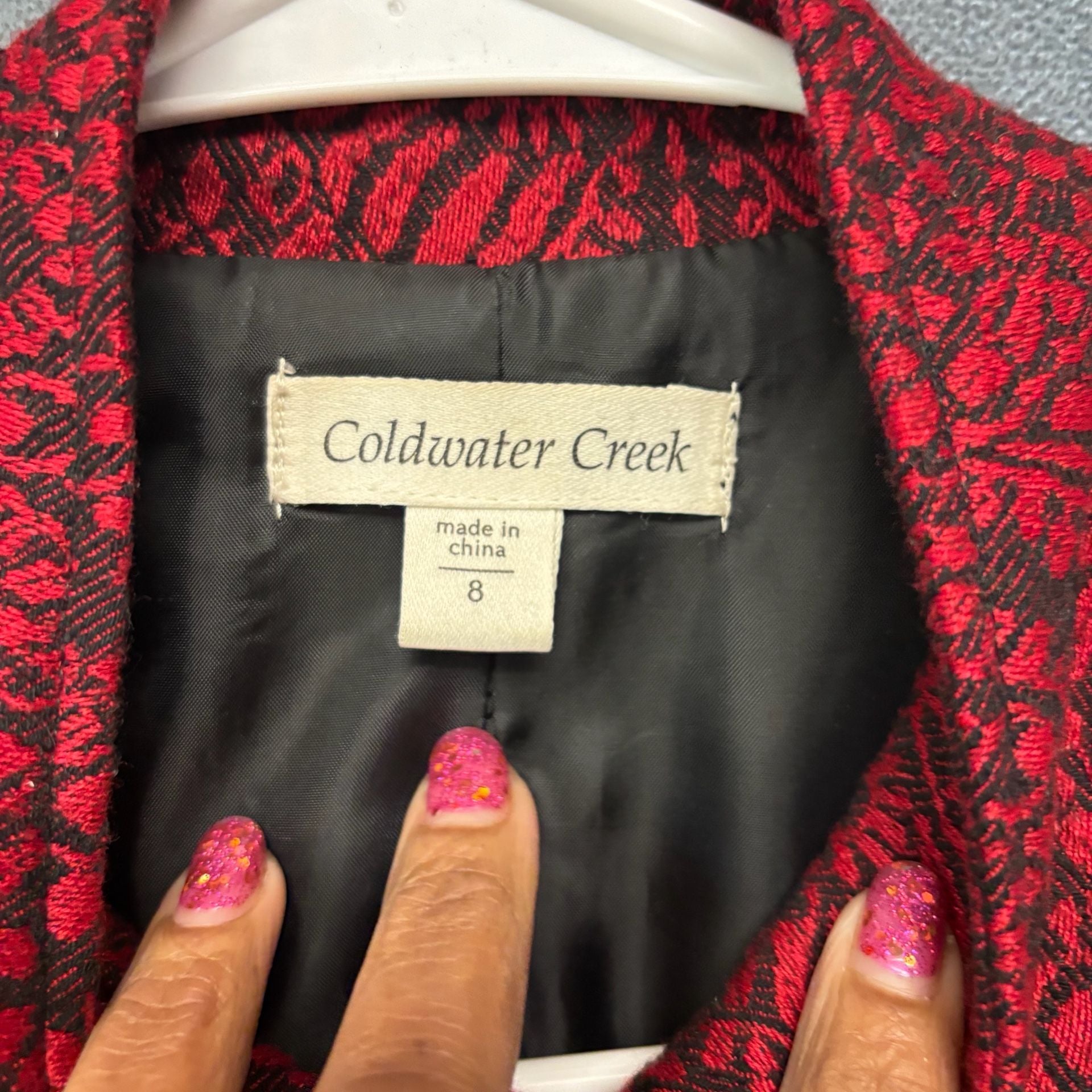 Coldwater Creek Jacquard Blazer Size 8 Red Black Wool Blend 4