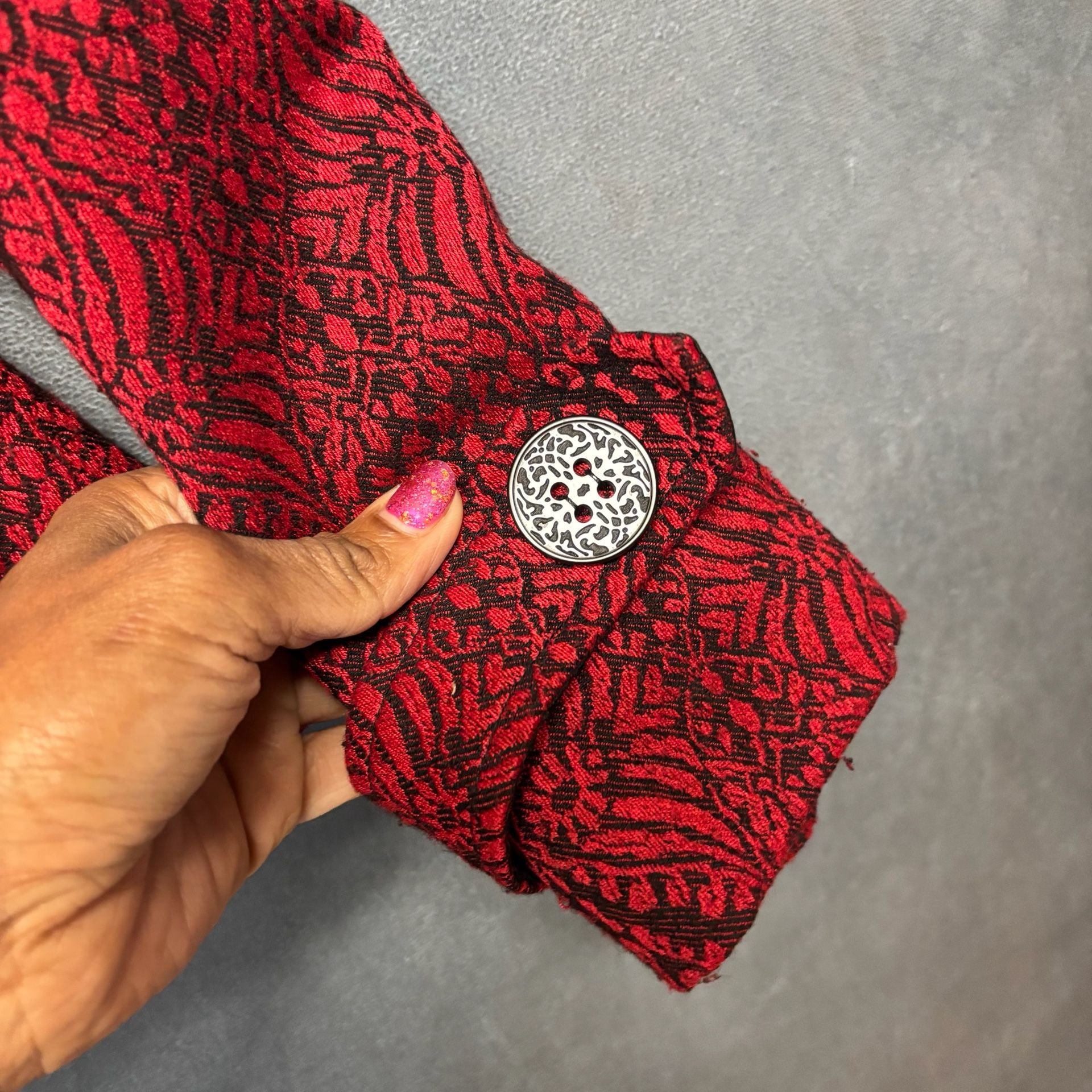 Coldwater Creek Jacquard Blazer Size 8 Red Black Wool Blend 6