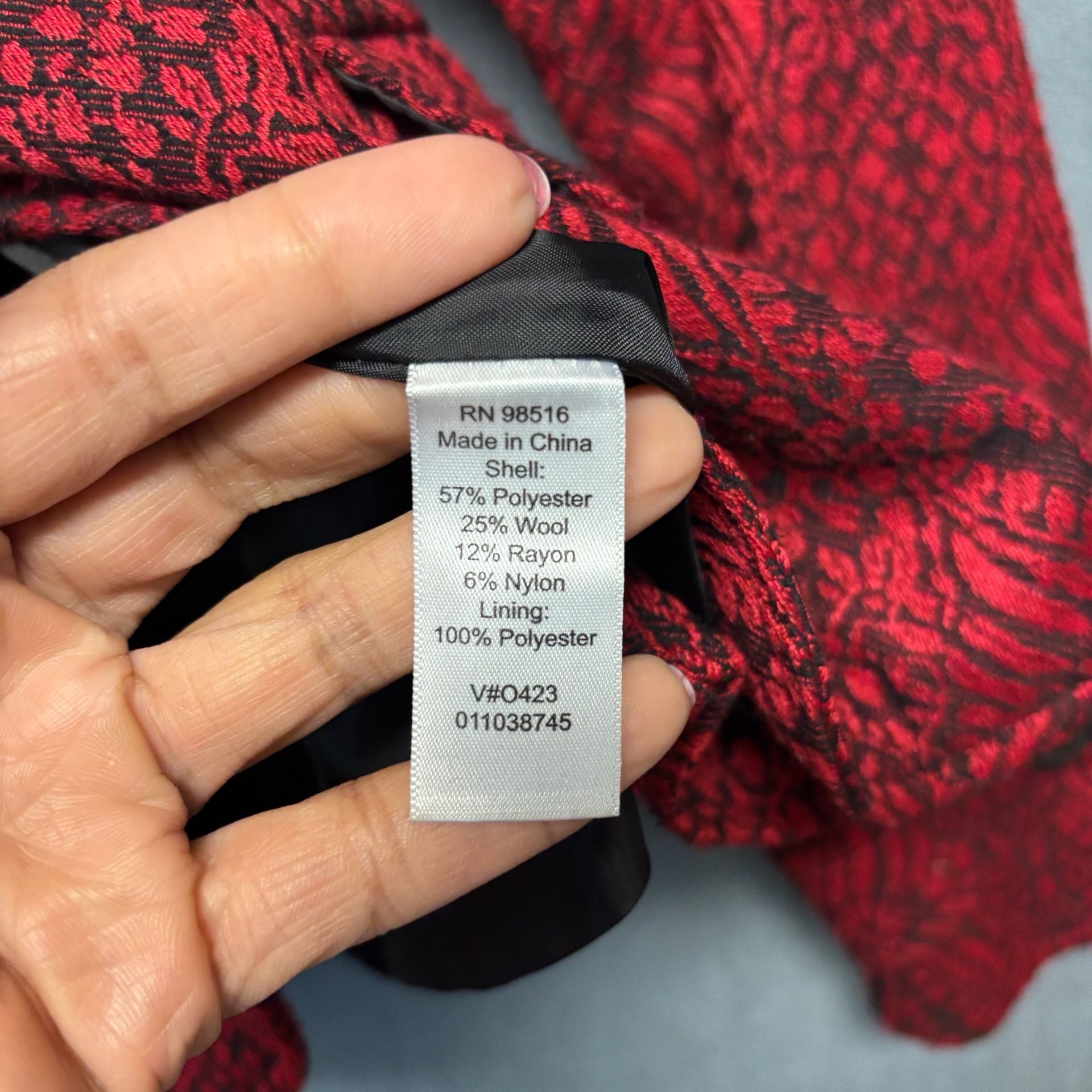 Coldwater Creek Jacquard Blazer Size 8 Red Black Wool Blend 7