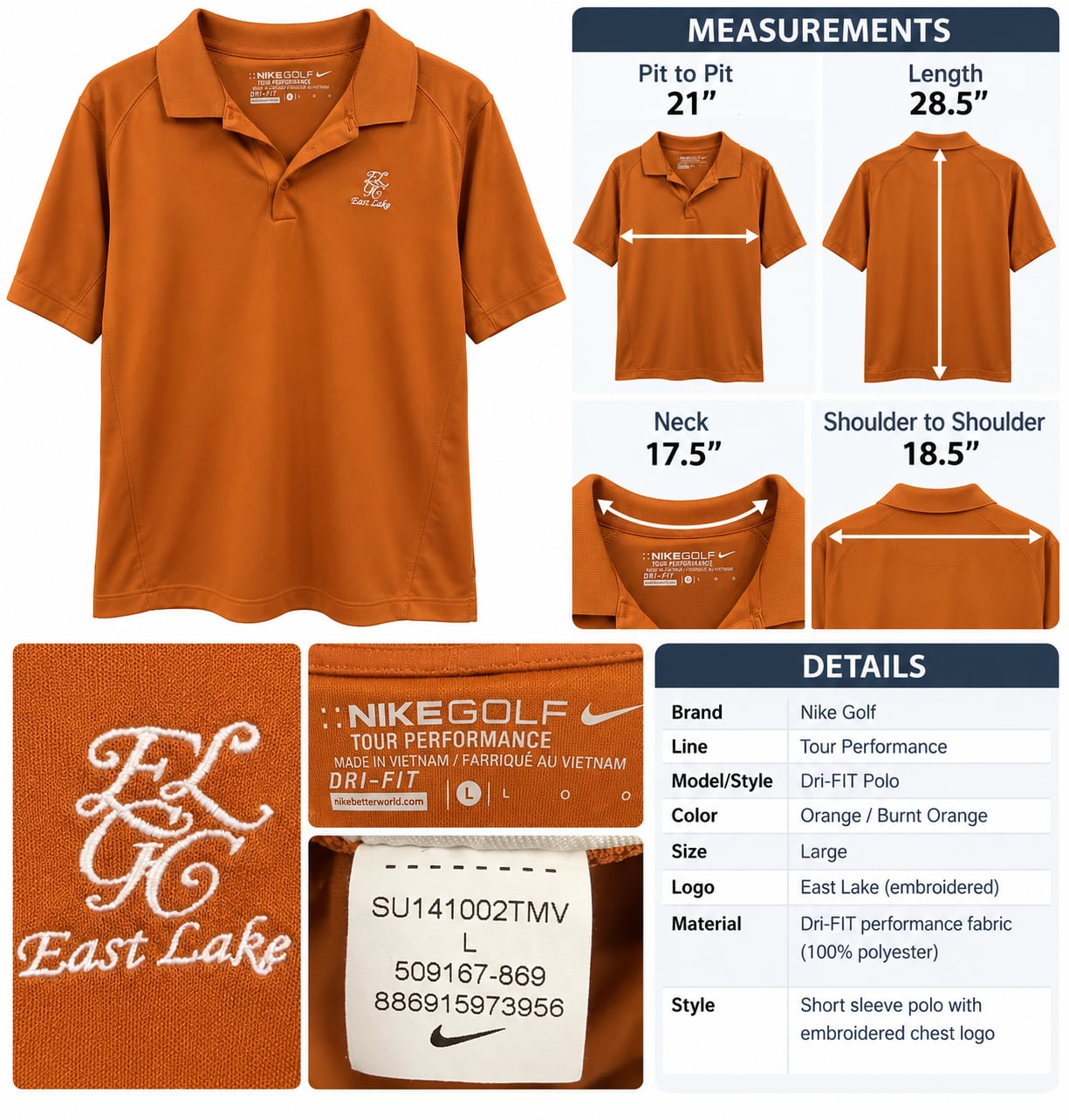 Nike Golf East Lake Golf Club Polo Mens L Orange Tour Performance Dri-FIT 8