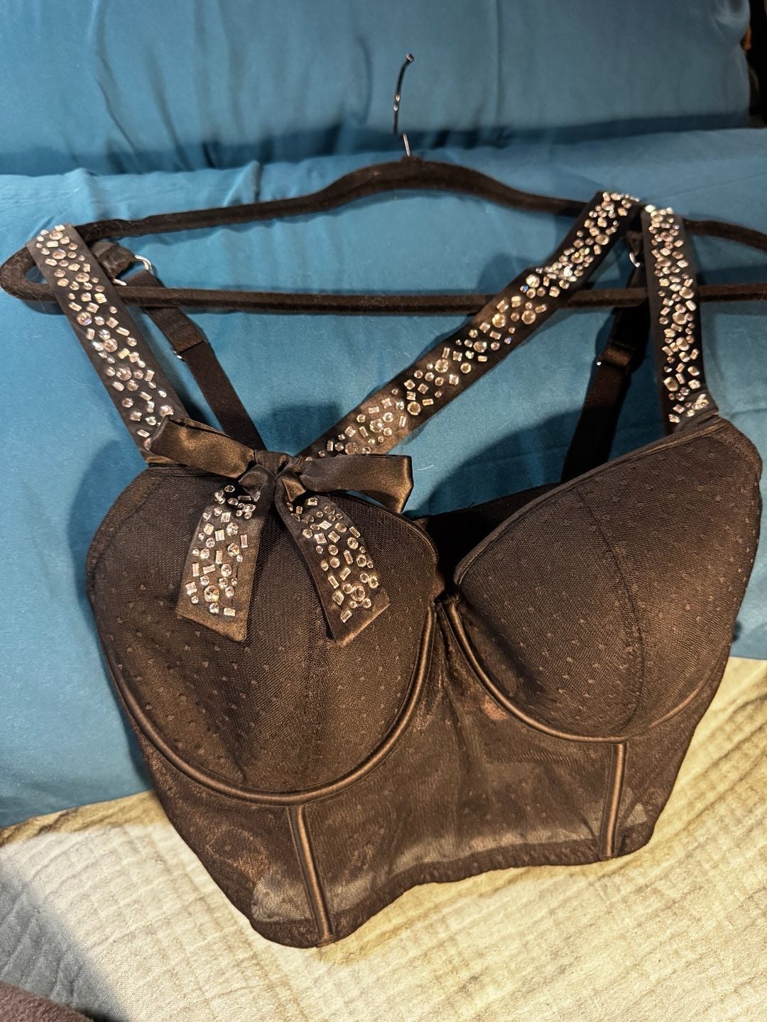 VS DREAM ANGELS lightly lined bling embellished bow bustier NWOT 36D black 3