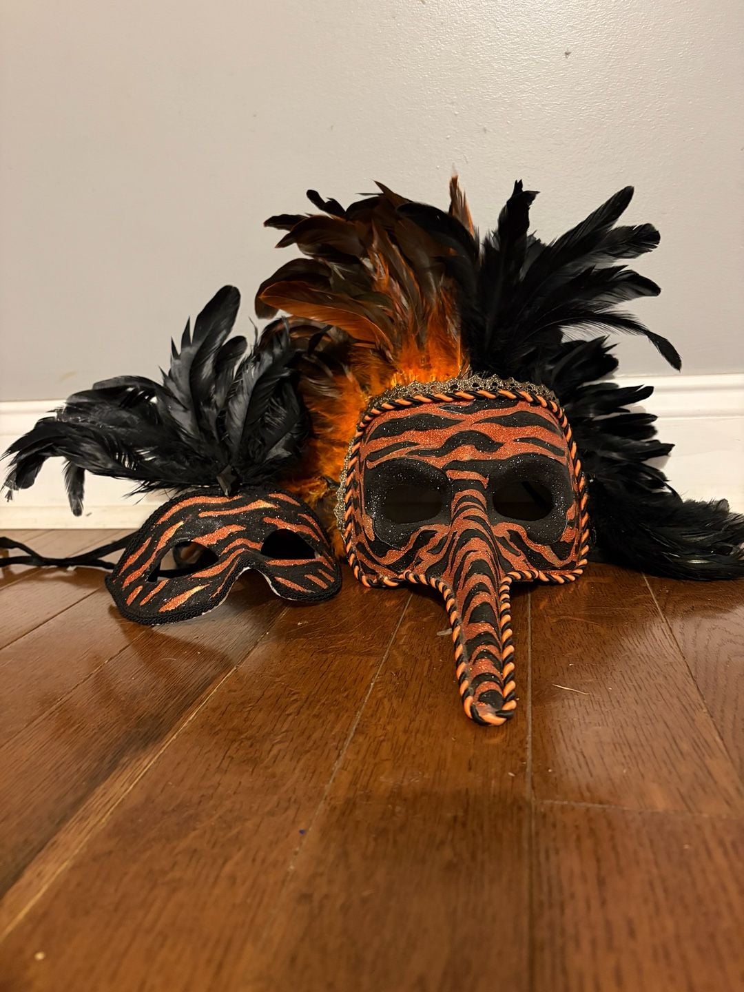 Masquerade Feather couples Mask Set Orange Black Tiger Print Costume 1