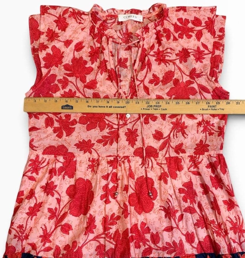 Corley Floral Tiered Ruffle Dress Size M Pink Red Navy Sleeveless Gameday 7