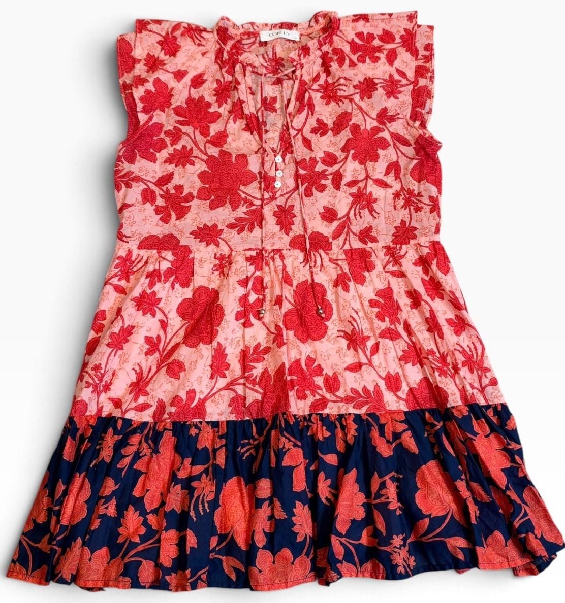Corley Floral Tiered Ruffle Dress Size M Pink Red Navy Sleeveless Gameday 10